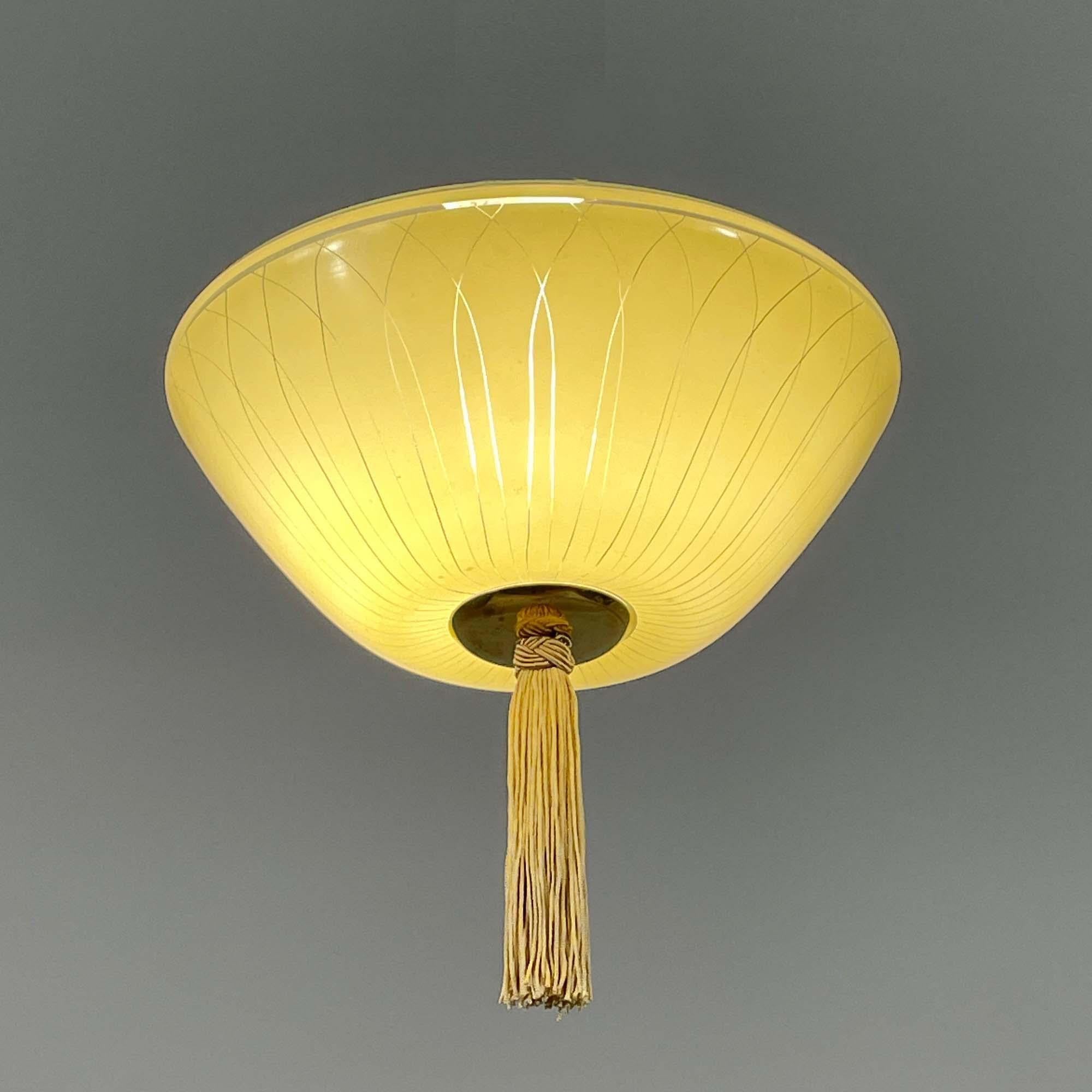 Enameled Glass & Brass Flush Mount with Tassel, Sweden 1950s 5