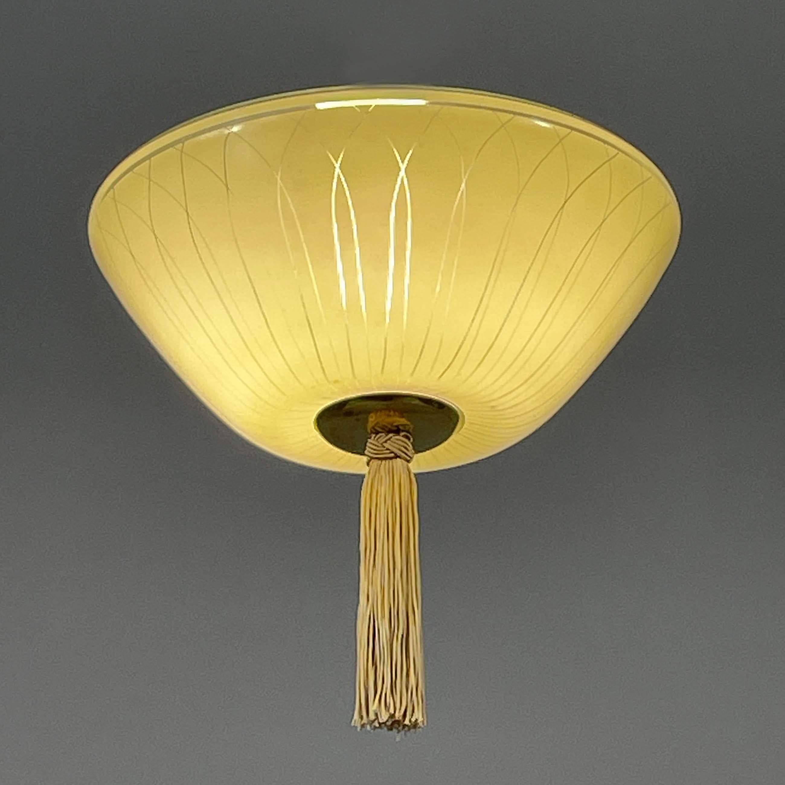 Mid-Century Modern Enameled Glass & Brass Flush Mount with Tassel, Sweden 1950s