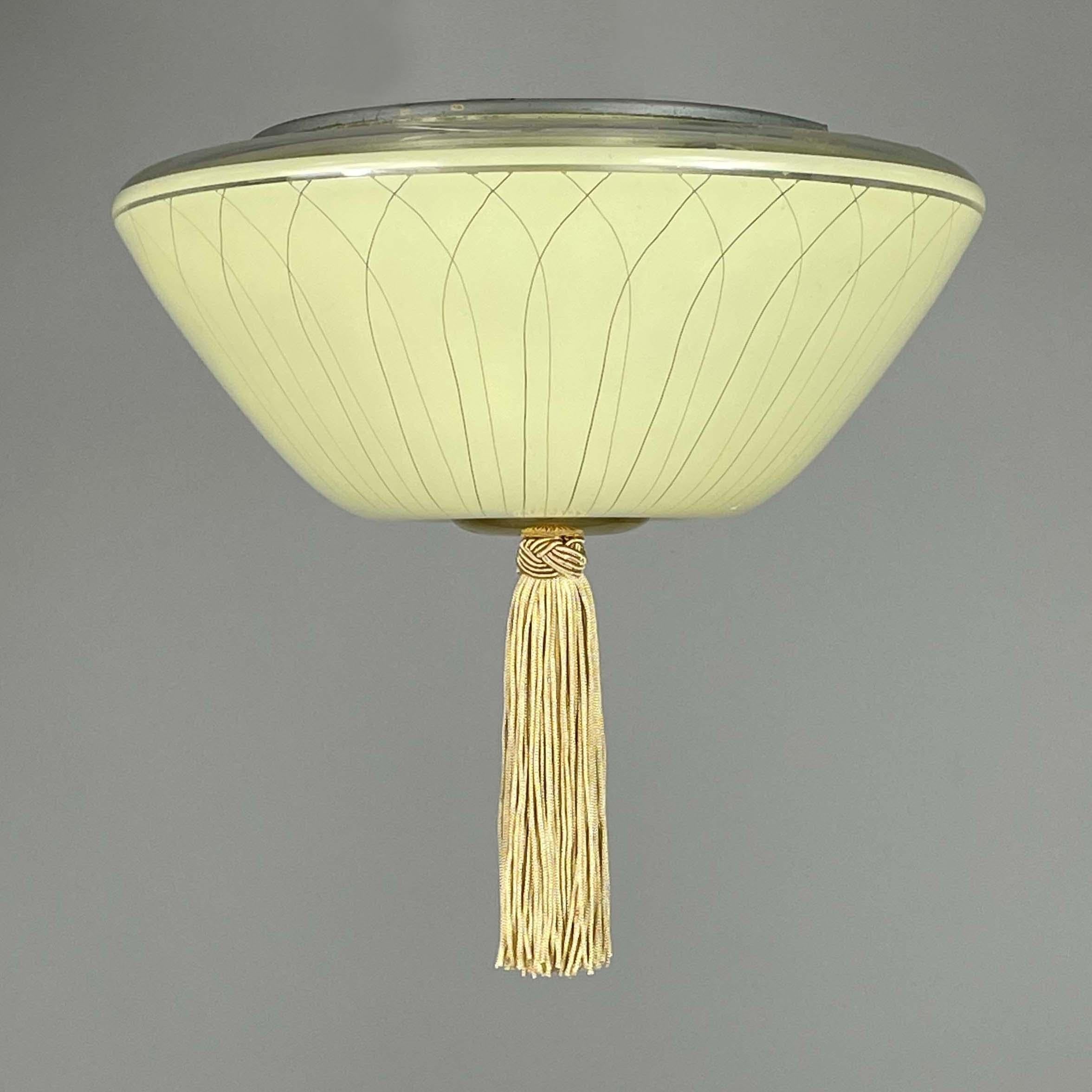 Swedish Enameled Glass & Brass Flush Mount with Tassel, Sweden 1950s