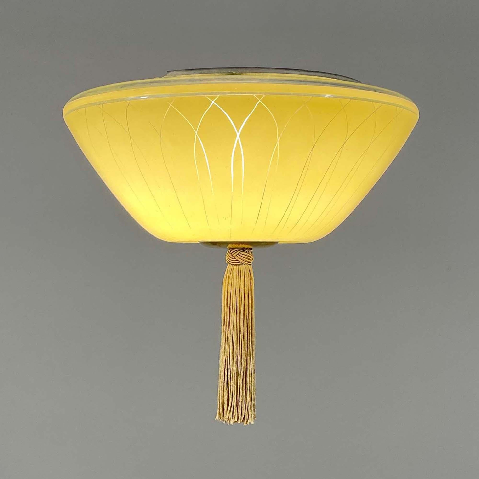 Enameled Glass & Brass Flush Mount with Tassel, Sweden 1950s In Good Condition In NUEMBRECHT, NRW