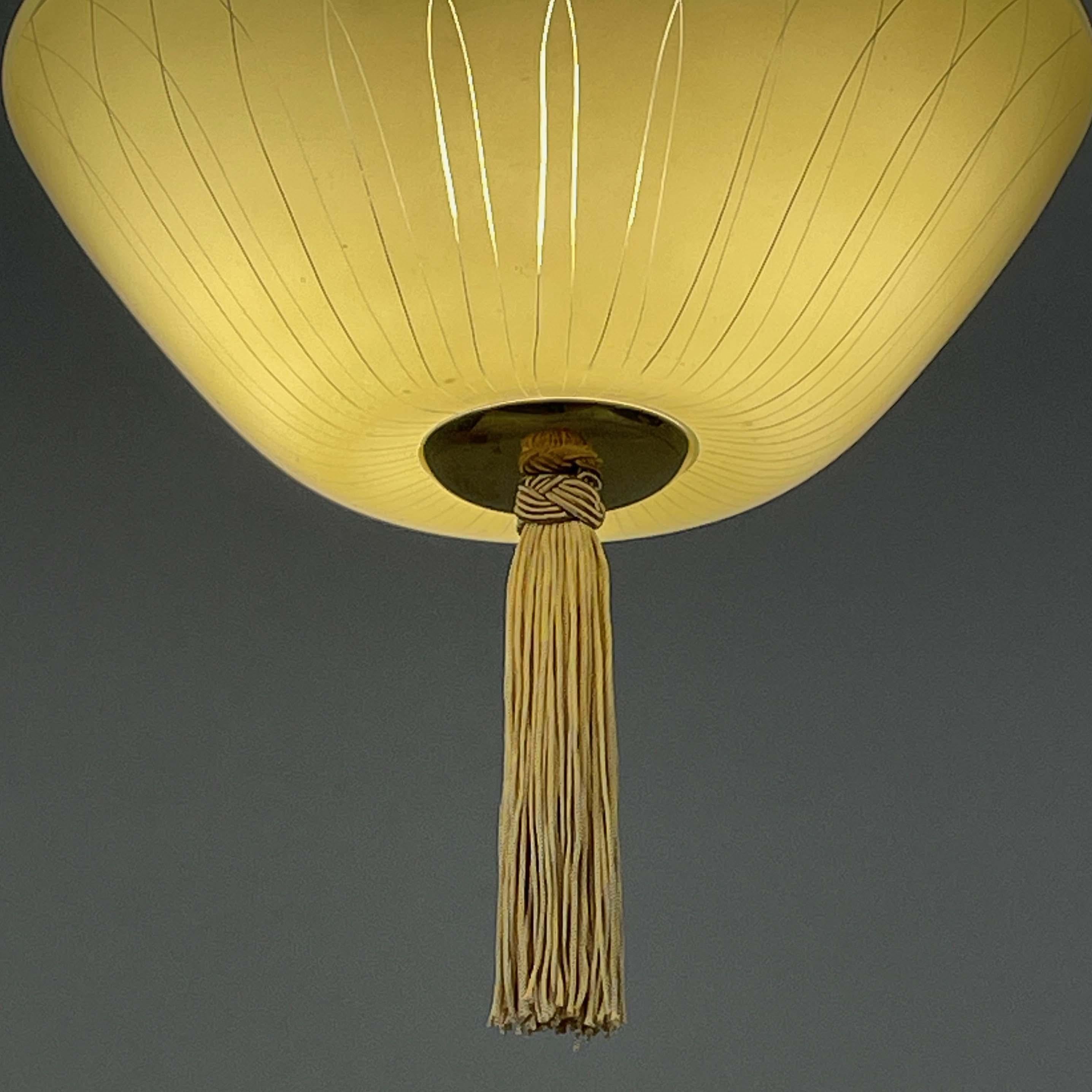 Mid-20th Century Enameled Glass & Brass Flush Mount with Tassel, Sweden 1950s