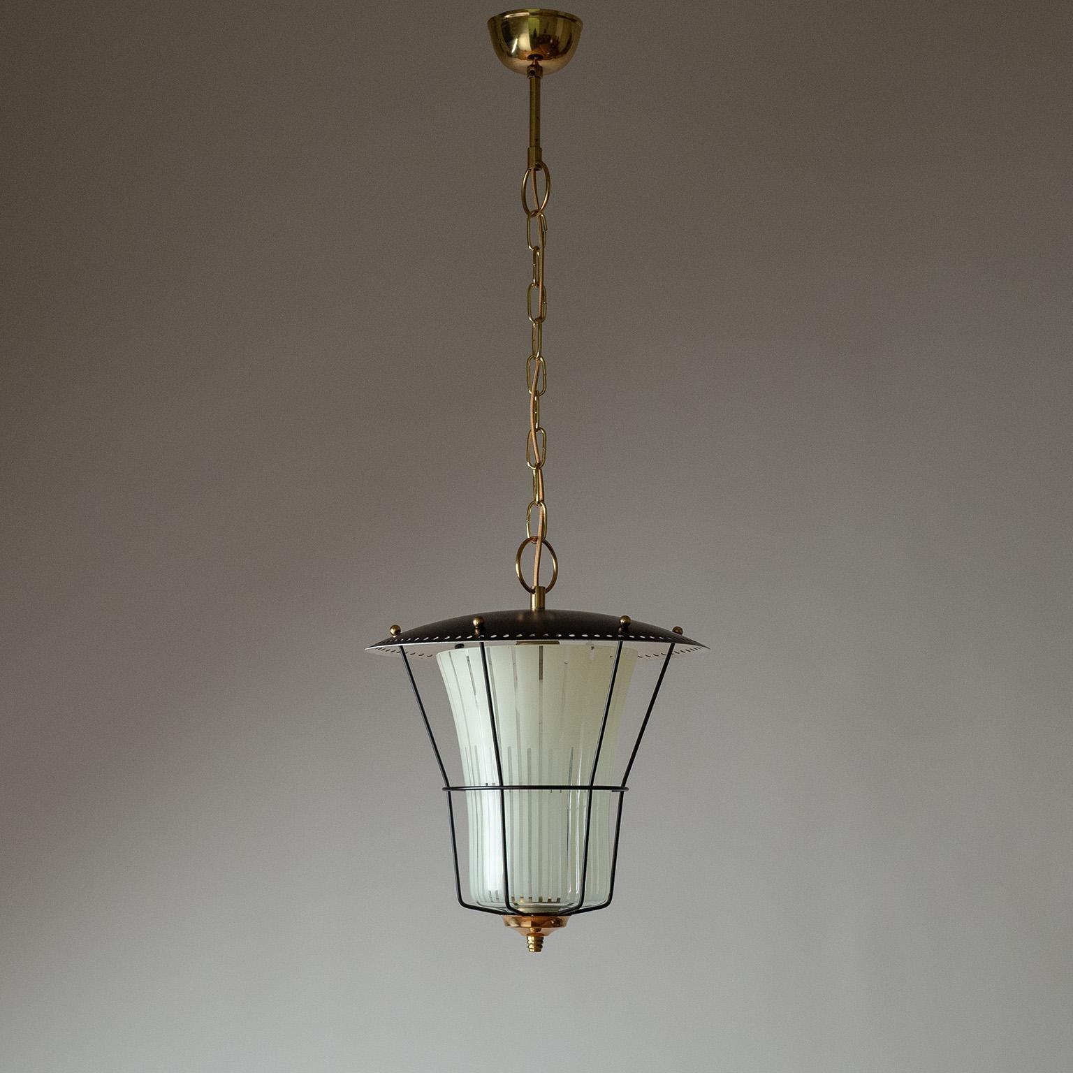 Brass Enameled Glass Lantern, 1950s