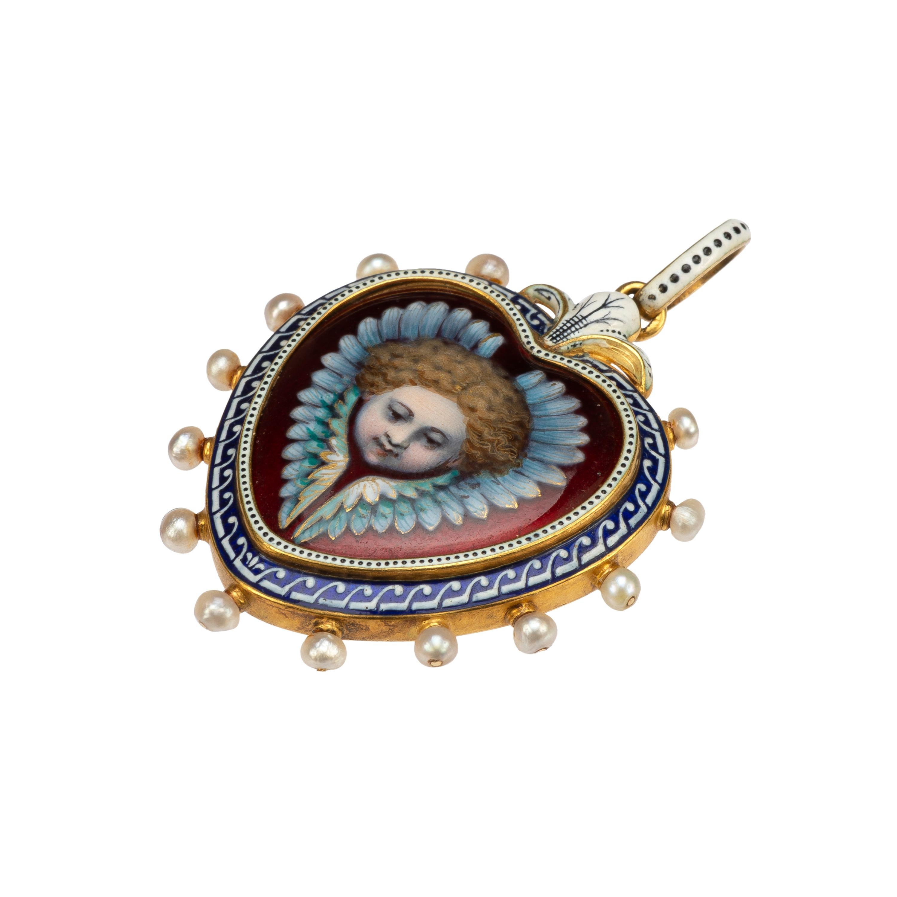 Carlo Giuliano 
HEART-SHAPED PENDANT WITH CHERUB
England (London), c. 1880
Gold, enamel, seed pearls
Weight 8.6 gr.; Height 33.3 (42.1 with loop) mm; Width 30.8 mm;

Of all the Revivalist jewelers, the versatile Carlo Giuliano may be the most