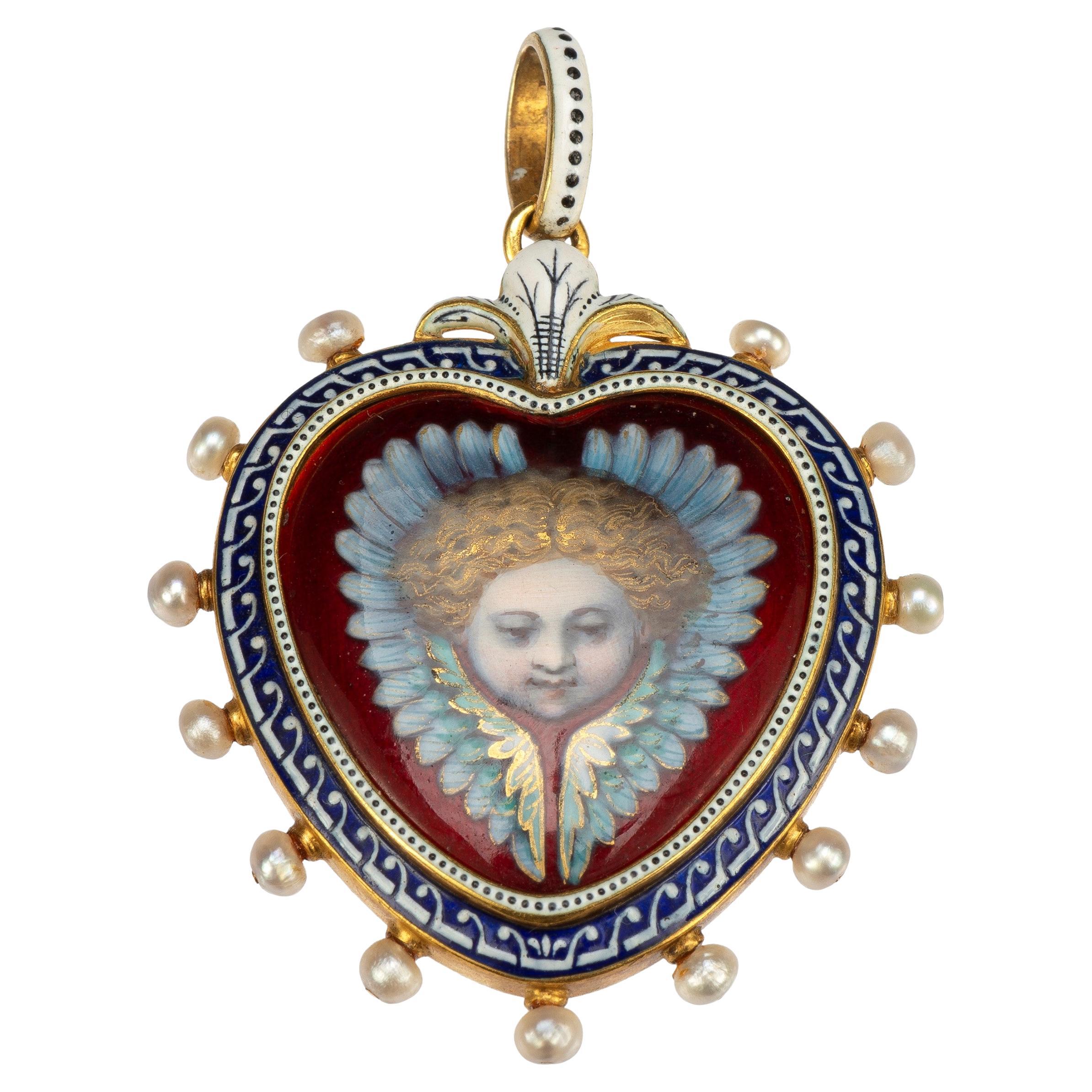 Enameled Heart-Shaped Pendant with Cherub & Seed Pearls by Carlo Giuliano c.1880 For Sale