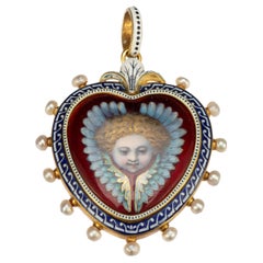 Antique Enameled Heart-Shaped Pendant with Cherub & Seed Pearls by Carlo Giuliano c.1880