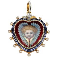 Pendentif en forme de cœur émaillé avec chérubin et perles de rocaille par Carlo Giuliano, vers 1880