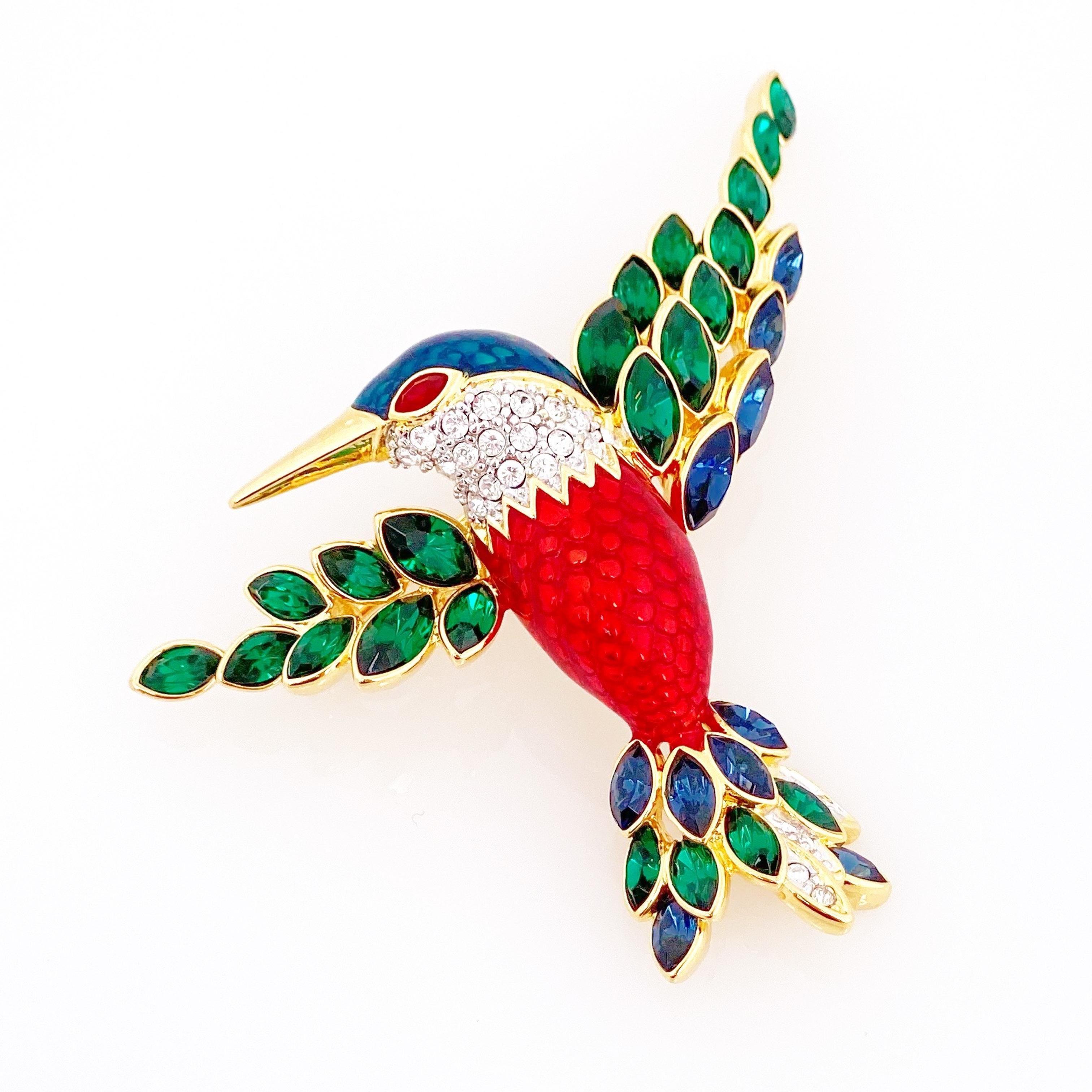 Modern Enameled Hummingbird Figural Brooch With Crystal Wings By Nolan Miller, 1990s
