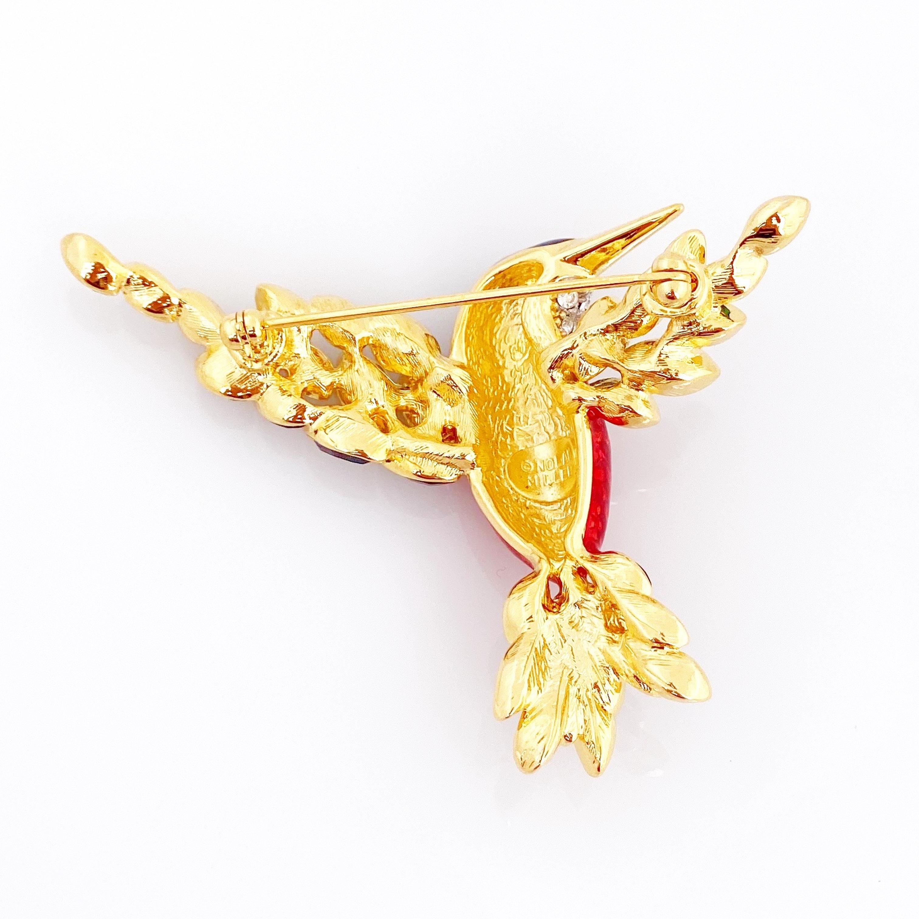 Enameled Hummingbird Figural Brooch With Crystal Wings By Nolan Miller, 1990s In Good Condition In McKinney, TX