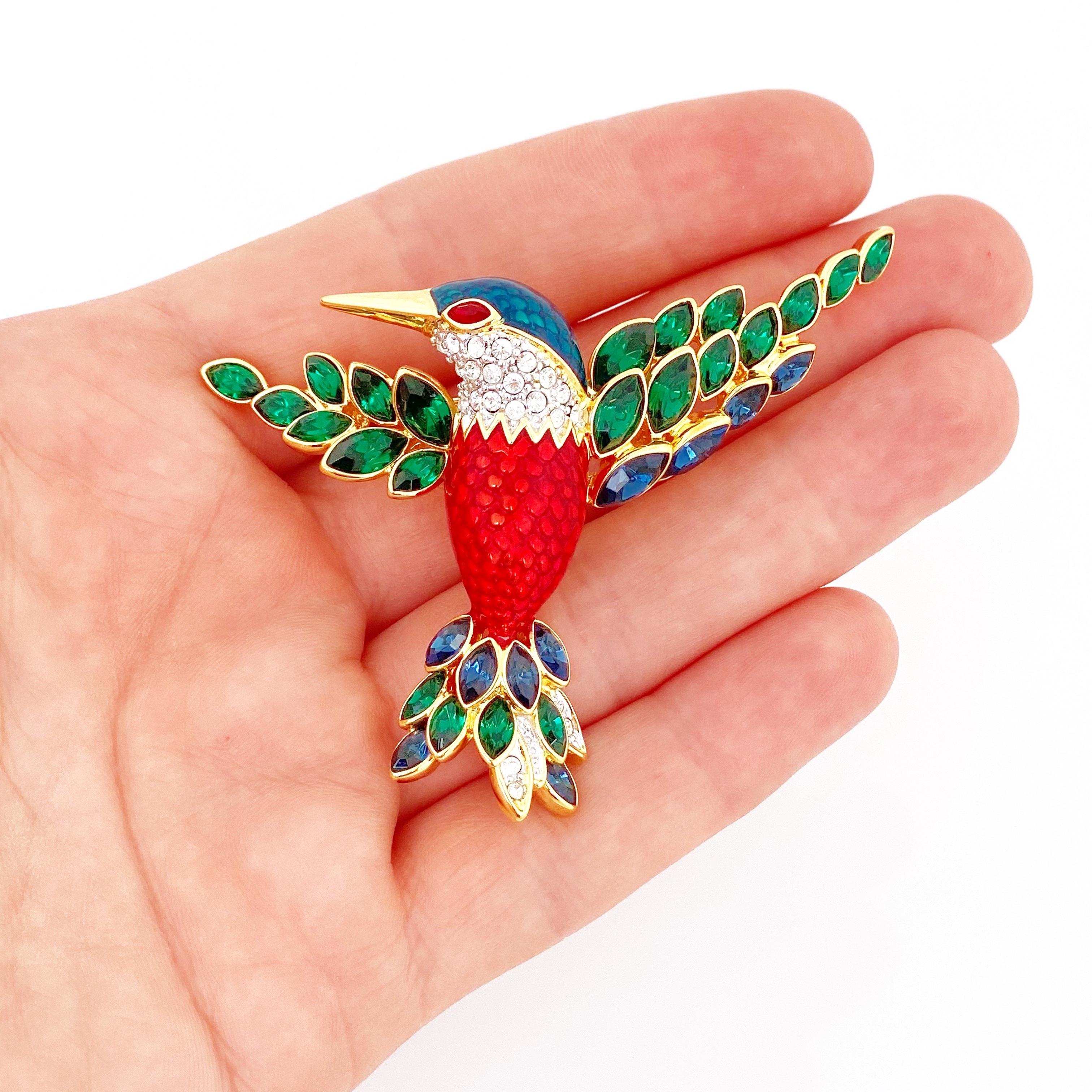 Women's Enameled Hummingbird Figural Brooch With Crystal Wings By Nolan Miller, 1990s