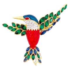 Enameled Hummingbird Figural Brooch With Crystal Wings By Nolan Miller, 1990s