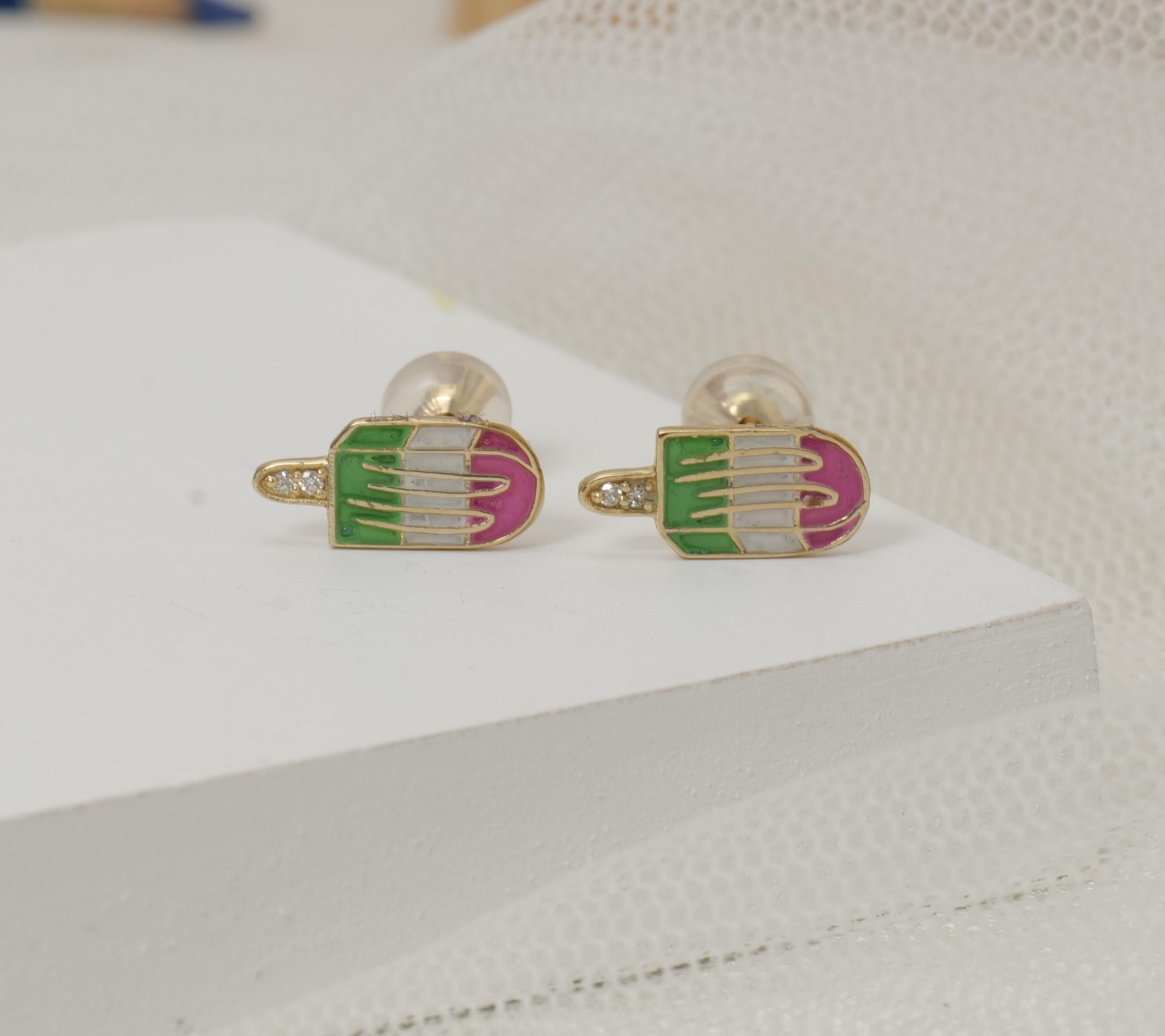 Enameled ice cream diamond earrings for girls, kids, and toddlers in 18K solid gold bring a whimsical and sweet touch to little ears. Crafted with precision, these adorable earrings showcase a playful ice cream cone design with vibrant enamel