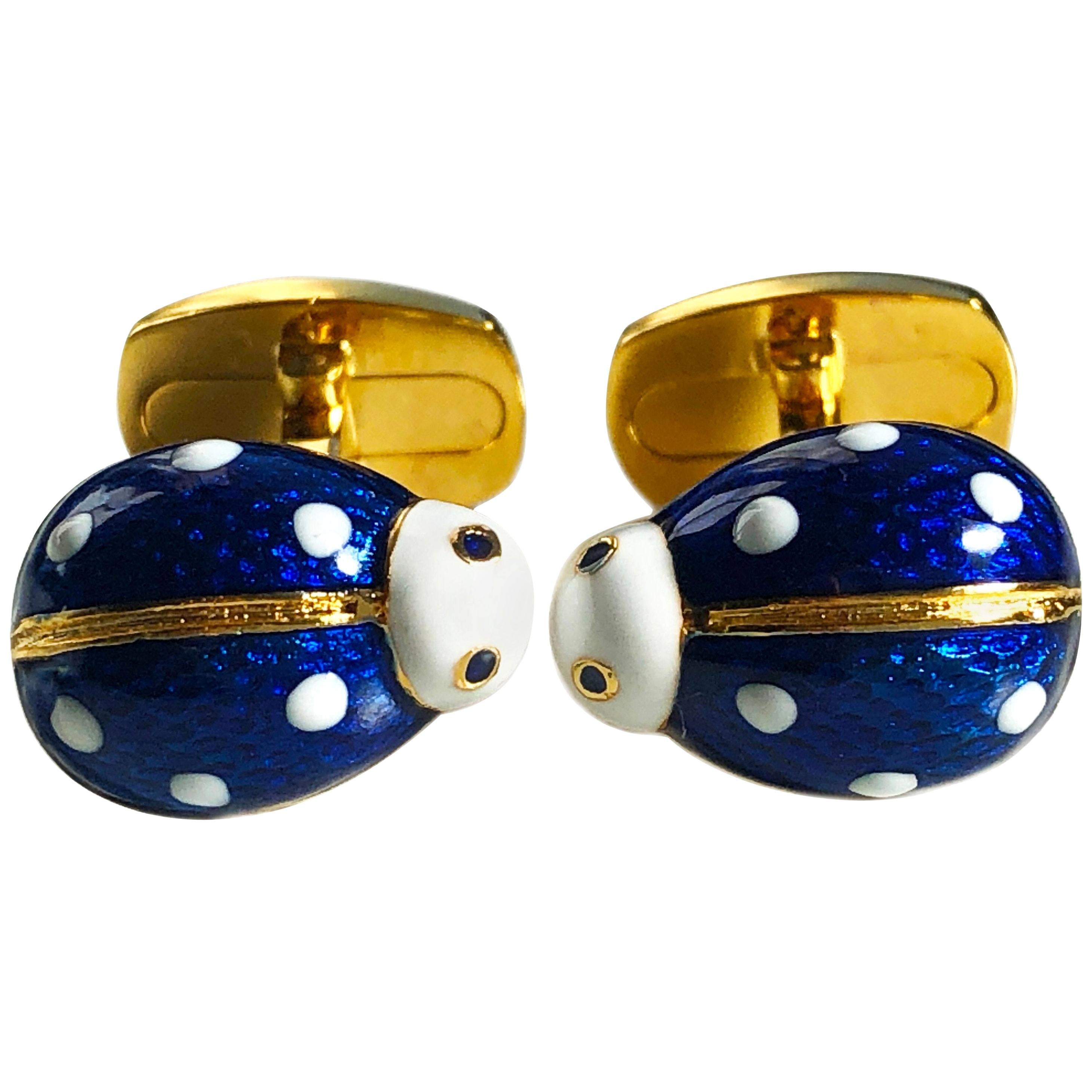 Berca Enameled Ladybug Shaped T-Bar Back Sterling Silver Gold-Plated Cufflinks