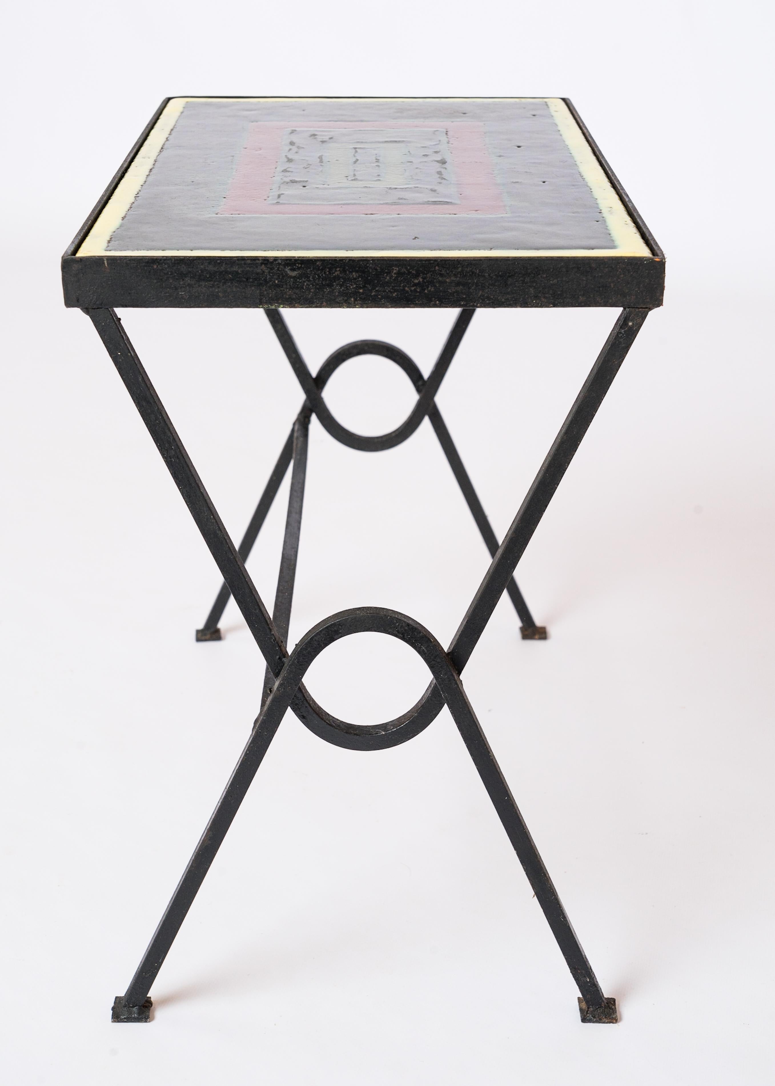 Mid-20th Century Enameled Lava Stone Side Table att. Jacques Adnet - France 1950s For Sale