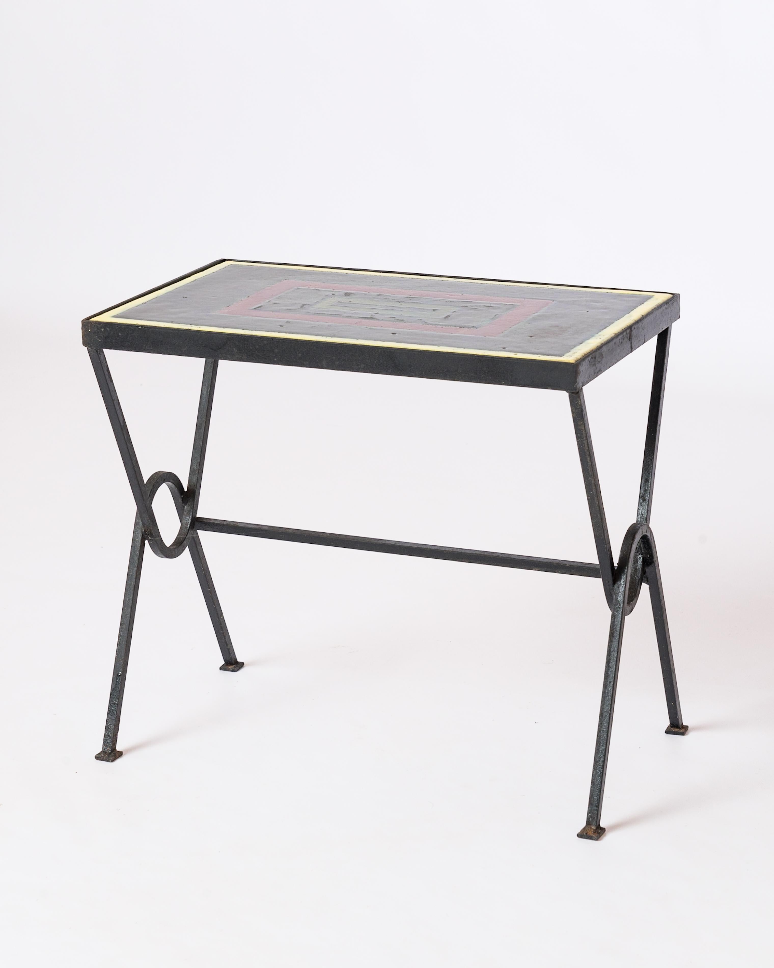 Steel Enameled Lava Stone Side Table att. Jacques Adnet - France 1950s For Sale