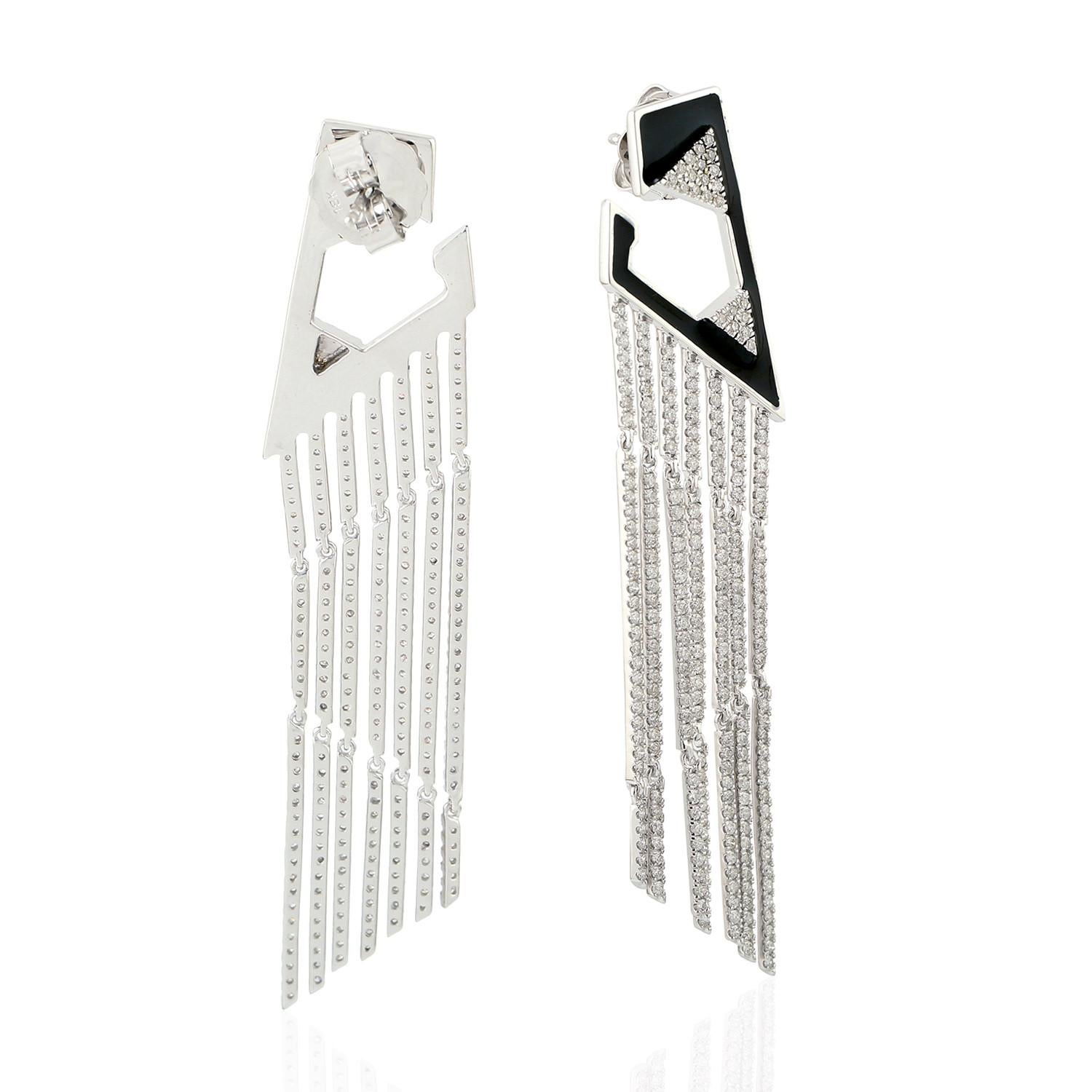Art Nouveau Enameled Long Diamond Tasselled Earrings Made In 18k White Gold For Sale