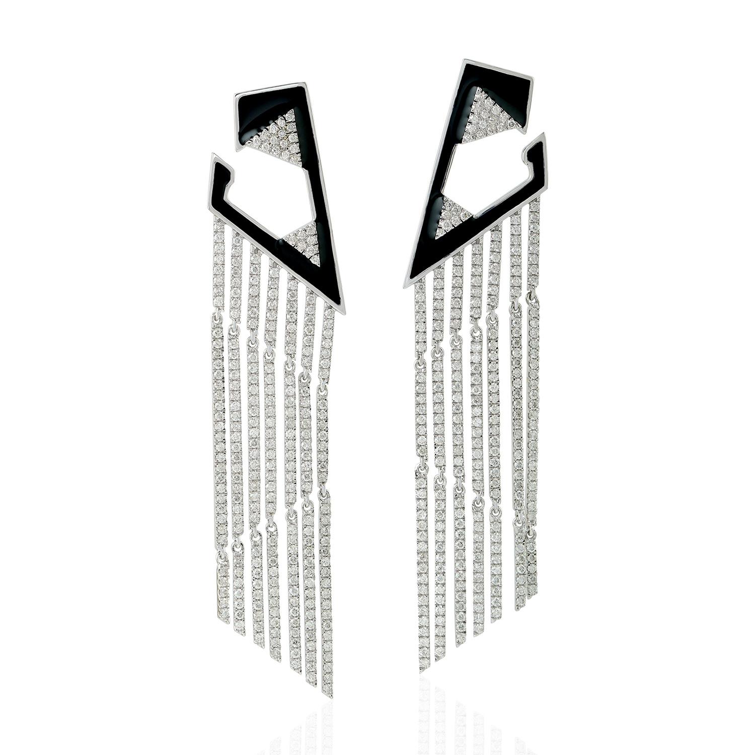 Enameled Long Diamond Tasselled Earrings Made In 18k White Gold In New Condition For Sale In New York, NY