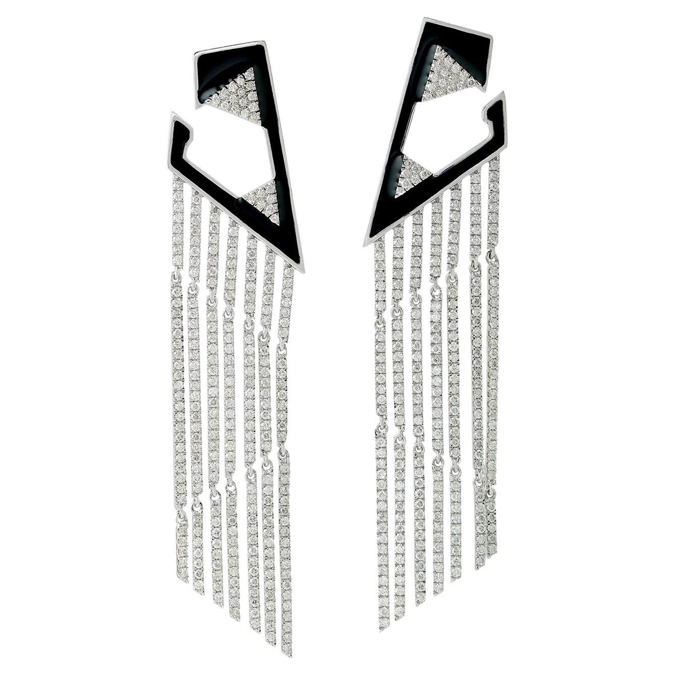 Enameled Long Diamond Tasselled Earrings Made In 18k White Gold For Sale