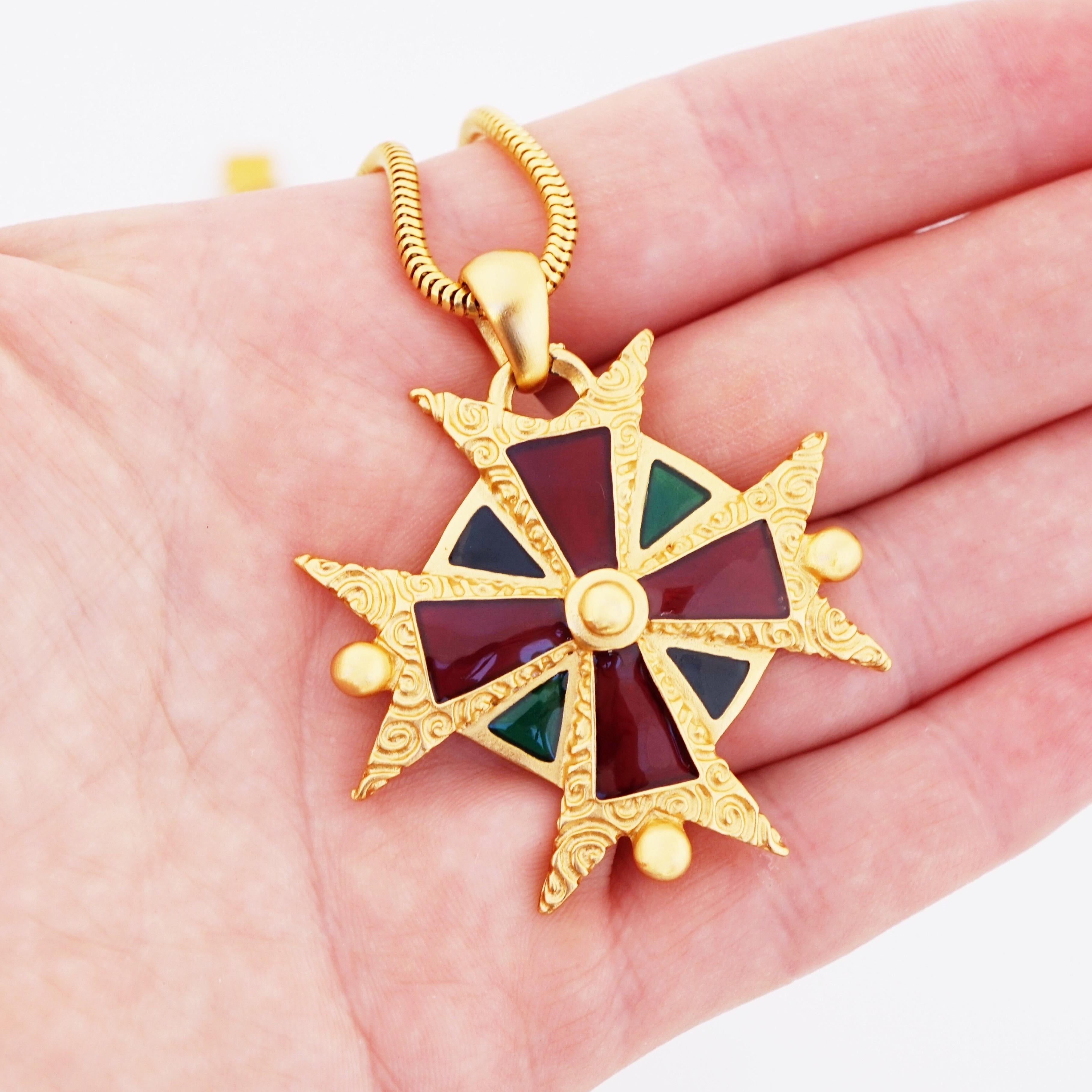 Modern Enameled Maltese Cross Pendant Necklace By Anne Klein, 1980s