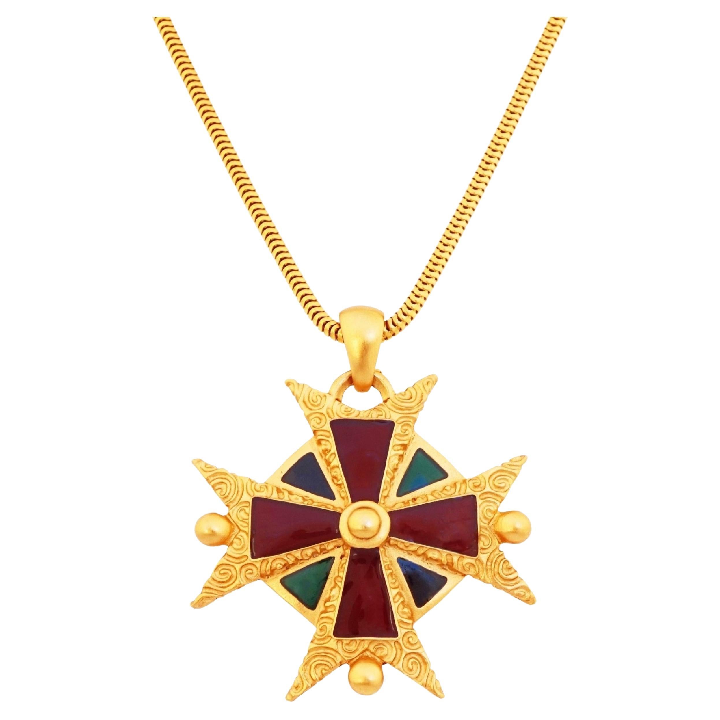 Enameled Maltese Cross Pendant Necklace By Anne Klein, 1980s