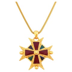 Enameled Maltese Cross Pendant Necklace By Anne Klein, 1980s