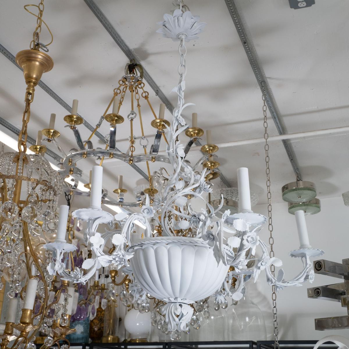 Italian Enameled metal foliate motif chandelier For Sale