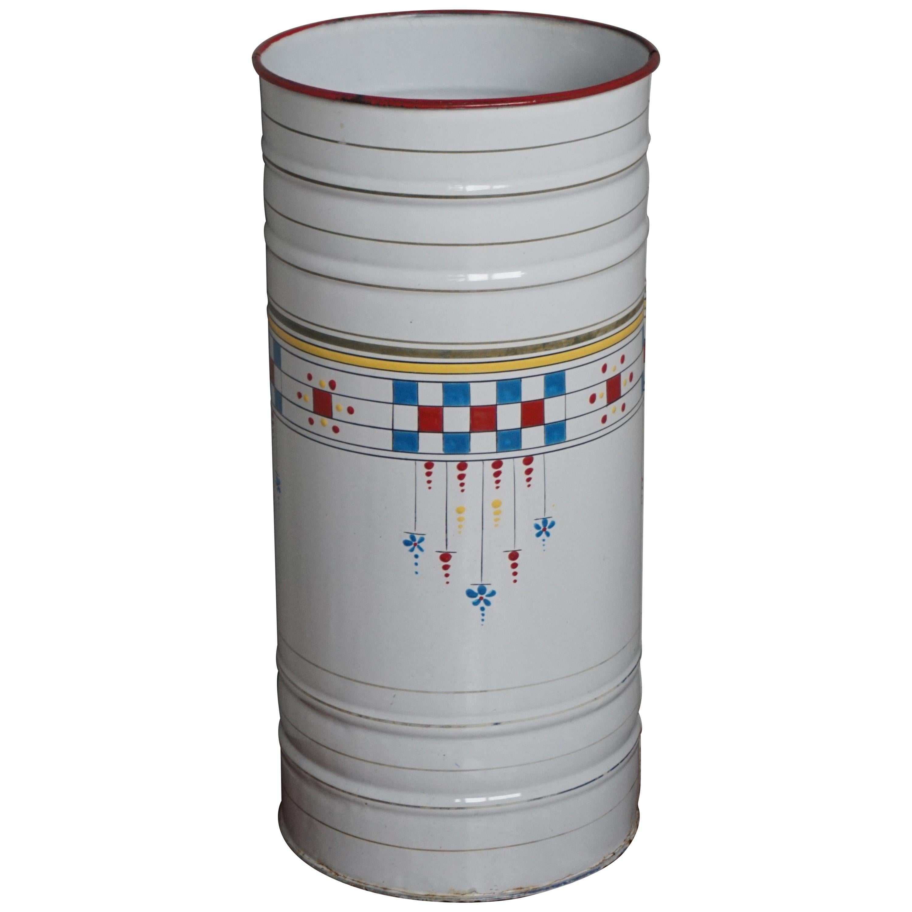 Enameled Mid-Century Modern Umbrella Stand w. Hand Painted Boogy Woogie Patterns