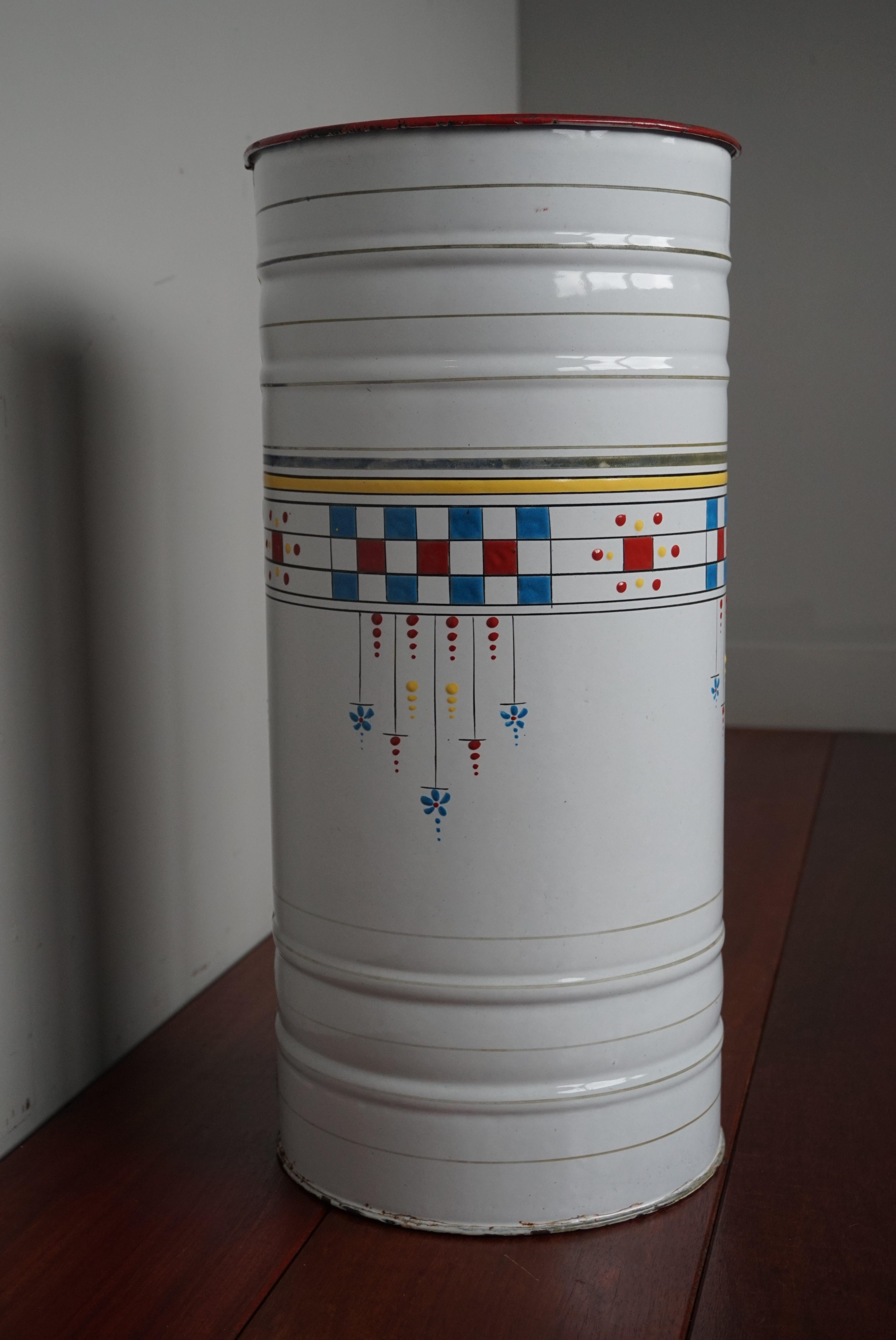 Hand-Painted Enameled Mid-Century Modern Umbrella Stand w. Hand Painted Boogy Woogie Patterns For Sale