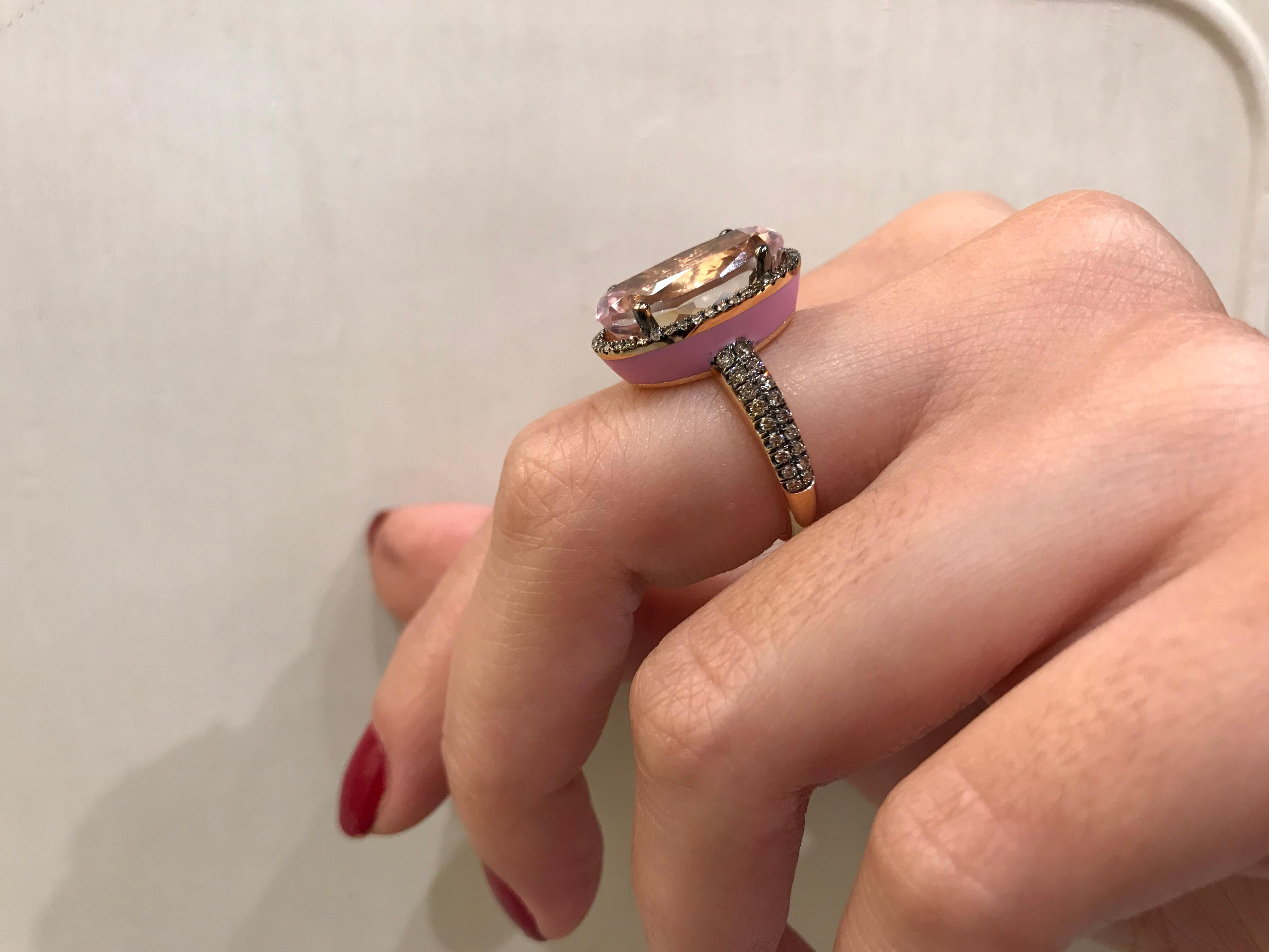 Oval Cut Enameled Oval Kunzite and Brown Diamond Rose Gold Ring For Sale