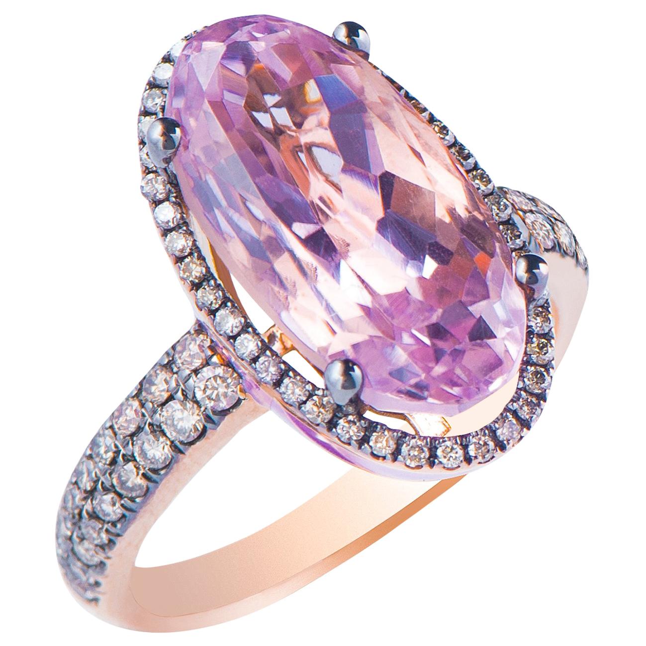 Enameled Oval Kunzite and Brown Diamond Rose Gold Ring For Sale
