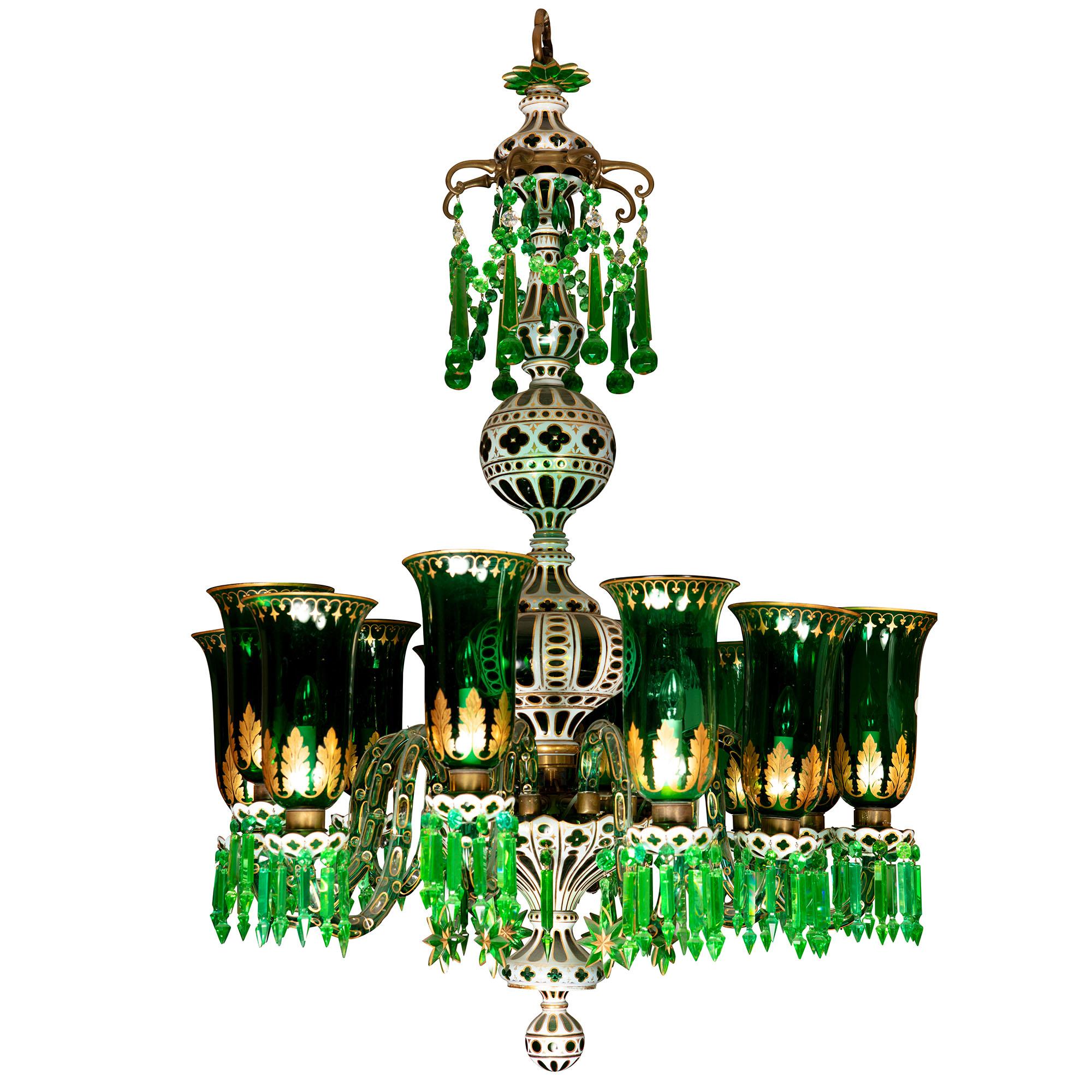 English Enameled Overlay 12-Light Emerald Green Chandelier by F & C Osler For Sale