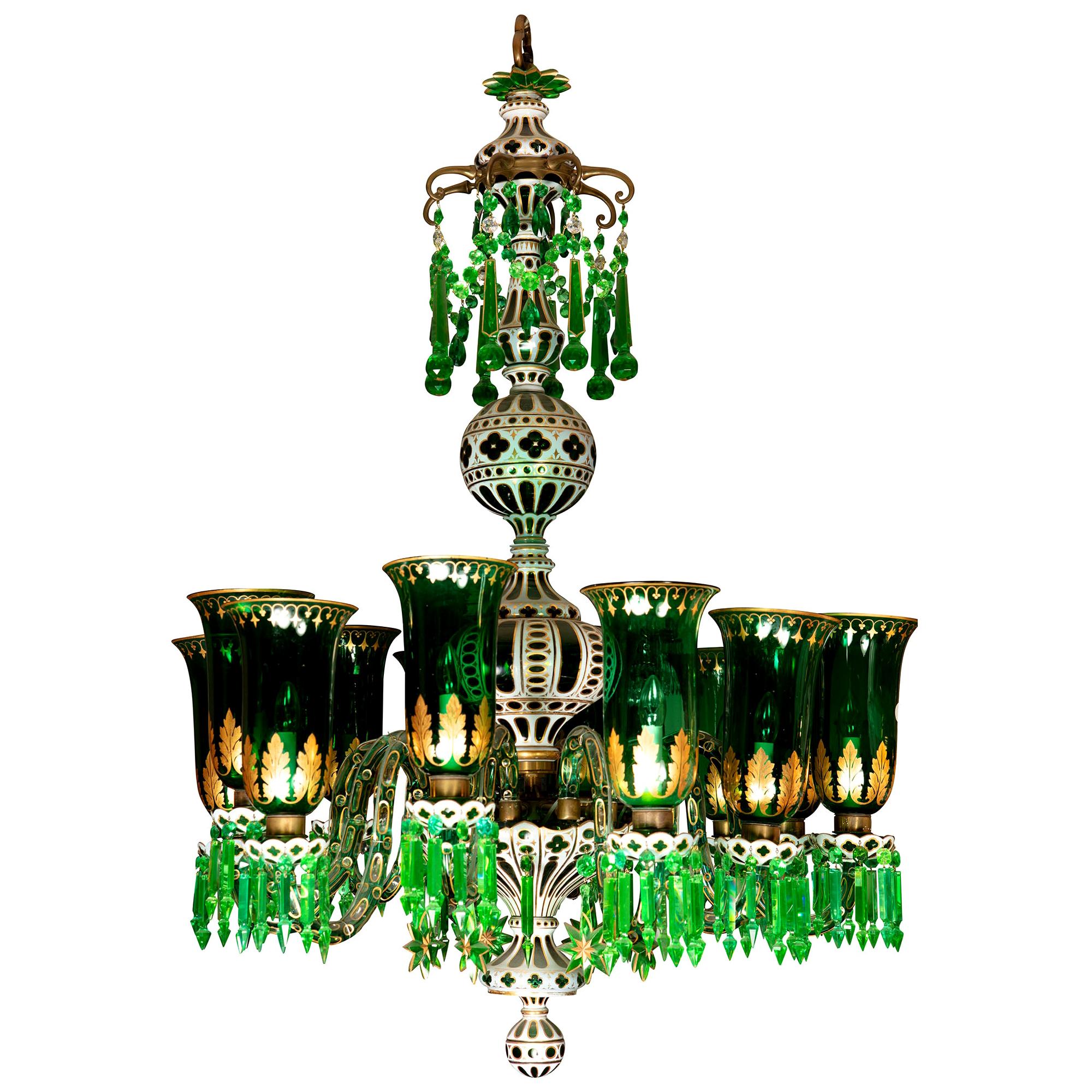 Enameled Overlay 12-Light Emerald Green Chandelier by F & C Osler