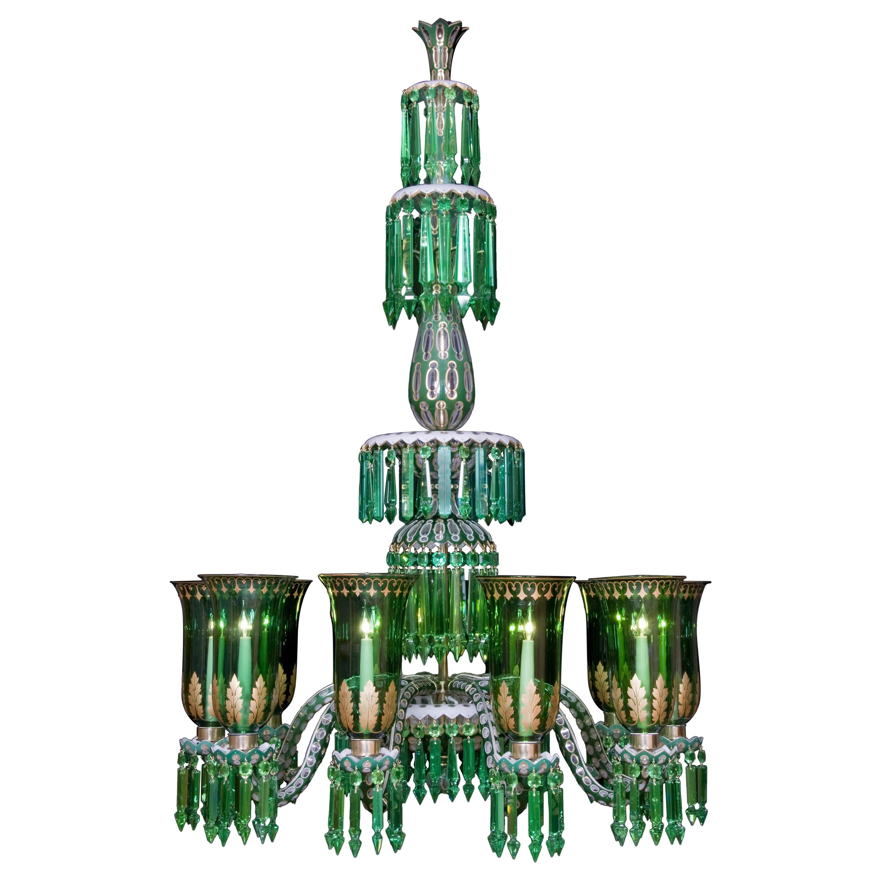 Enameled Overlay Ten-Light Emerald Green Chandelier by F. & C