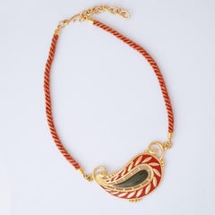 Enameled Paisley Statement Necklace With Silk Cord By Monet, 1980s