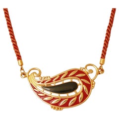 Enameled Paisley Statement Necklace With Silk Cord By Monet, 1980s