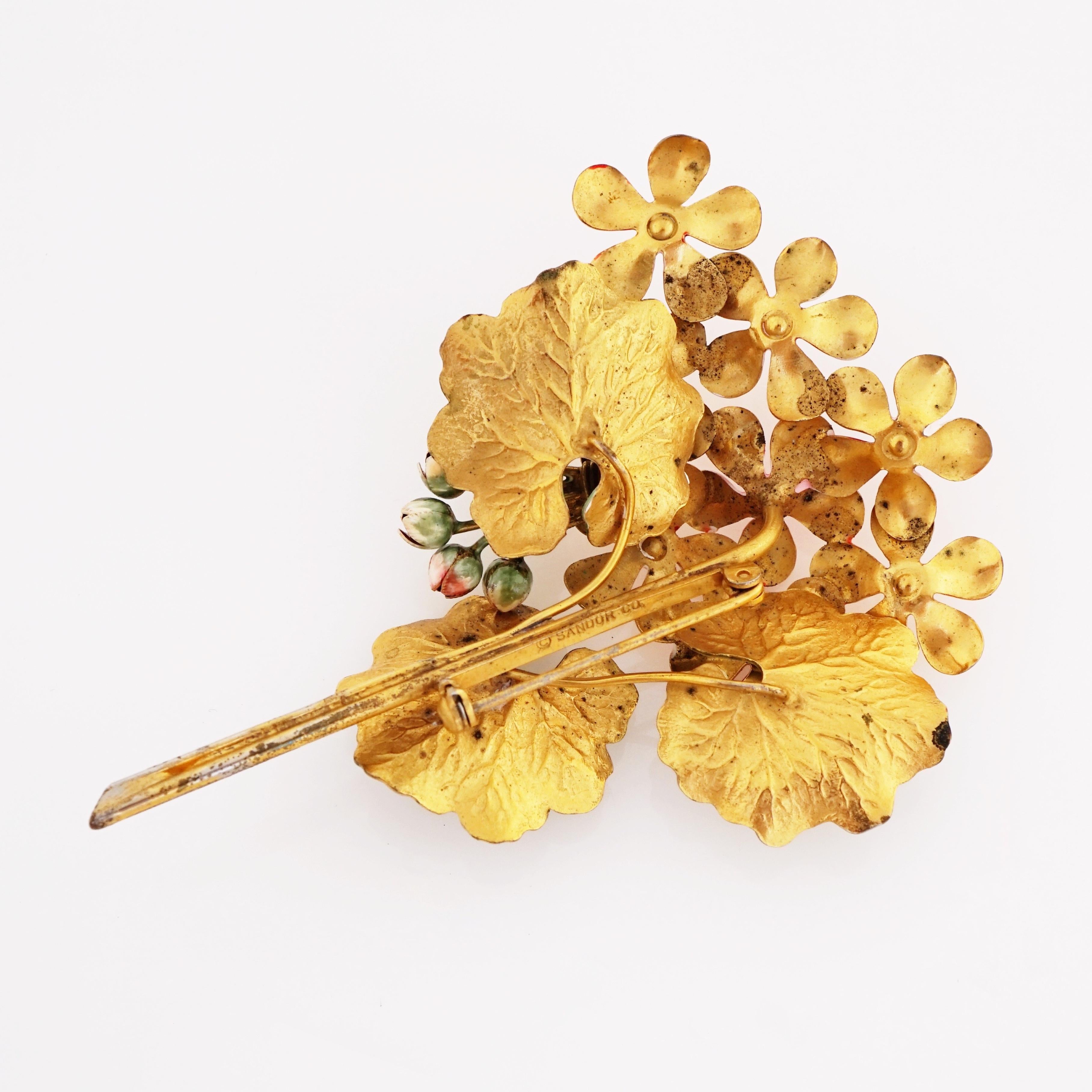Modern Enameled Peach and Coral Flower Bouquet Brooch By Sandor, 1940s