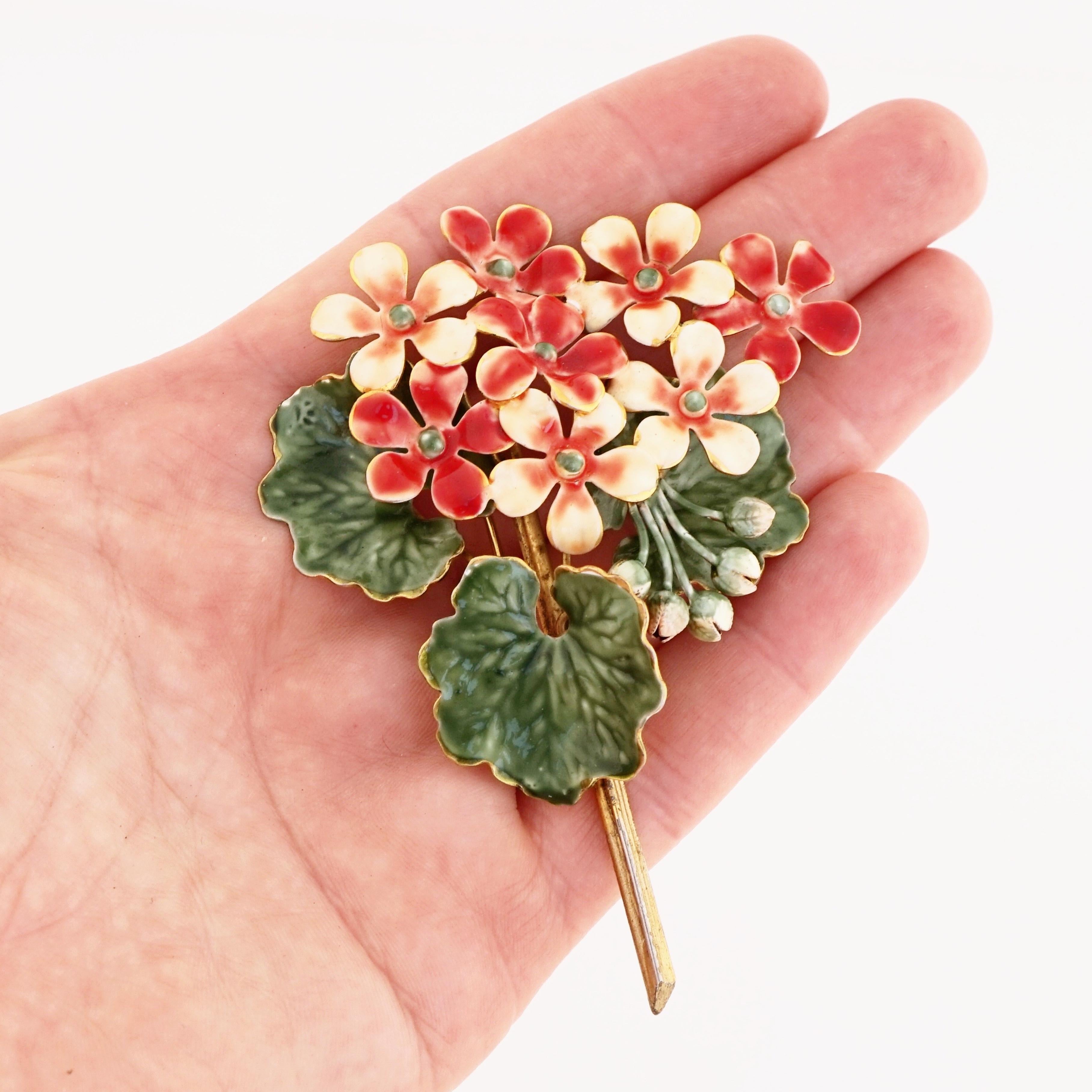 Women's Enameled Peach and Coral Flower Bouquet Brooch By Sandor, 1940s