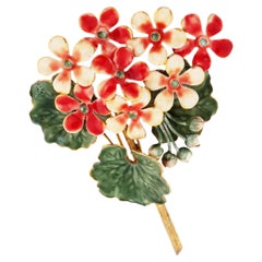 Enameled Peach and Coral Flower Bouquet Brooch By Sandor, 1940s