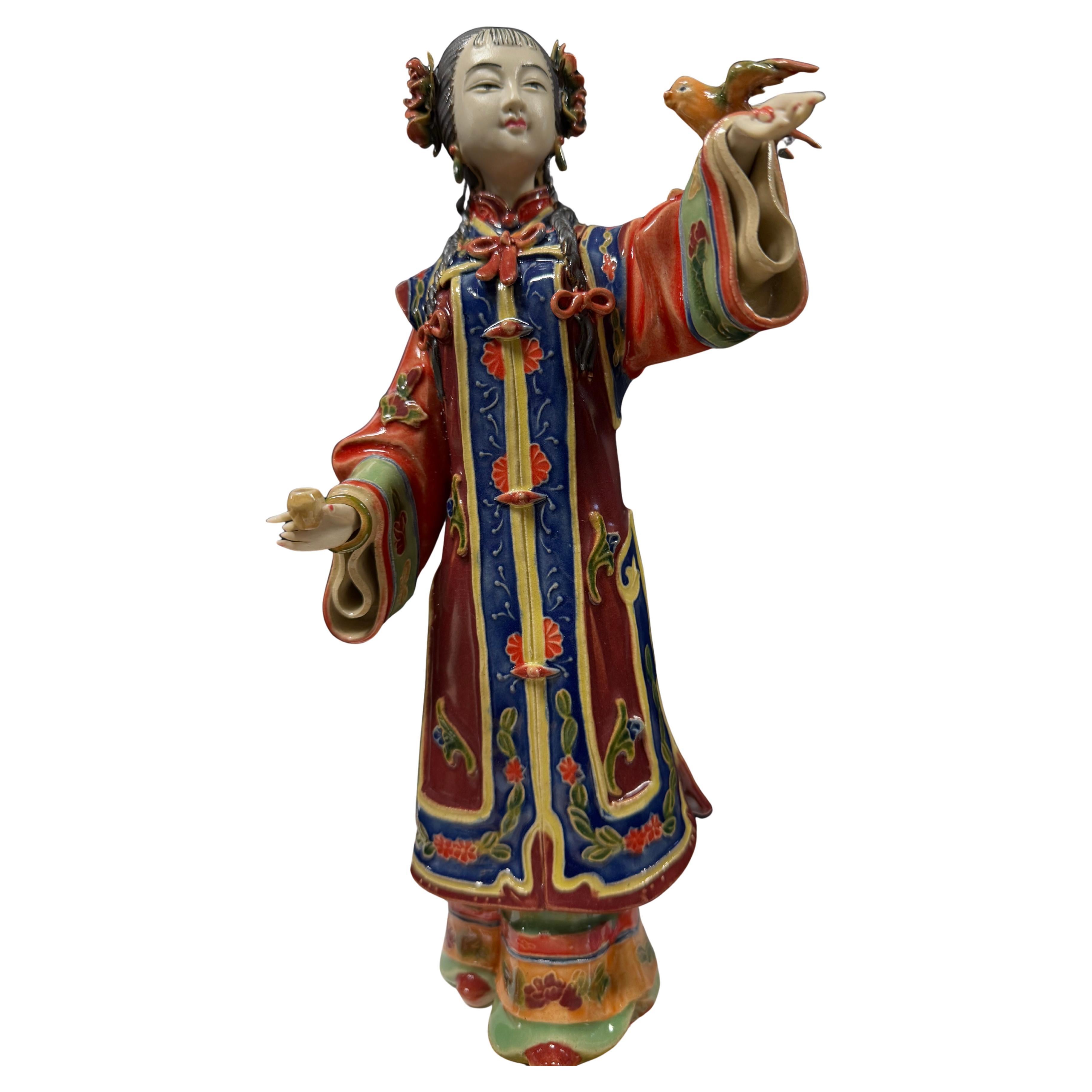 Enameled Porcelain Geisha Girl Sculpture