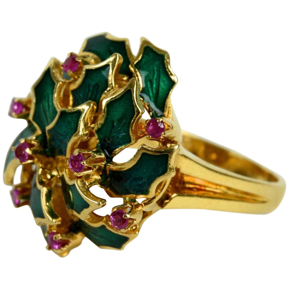 Enameled Ring, Holly and Berry Decoration Set with Pink Topaz in 18K Gold
