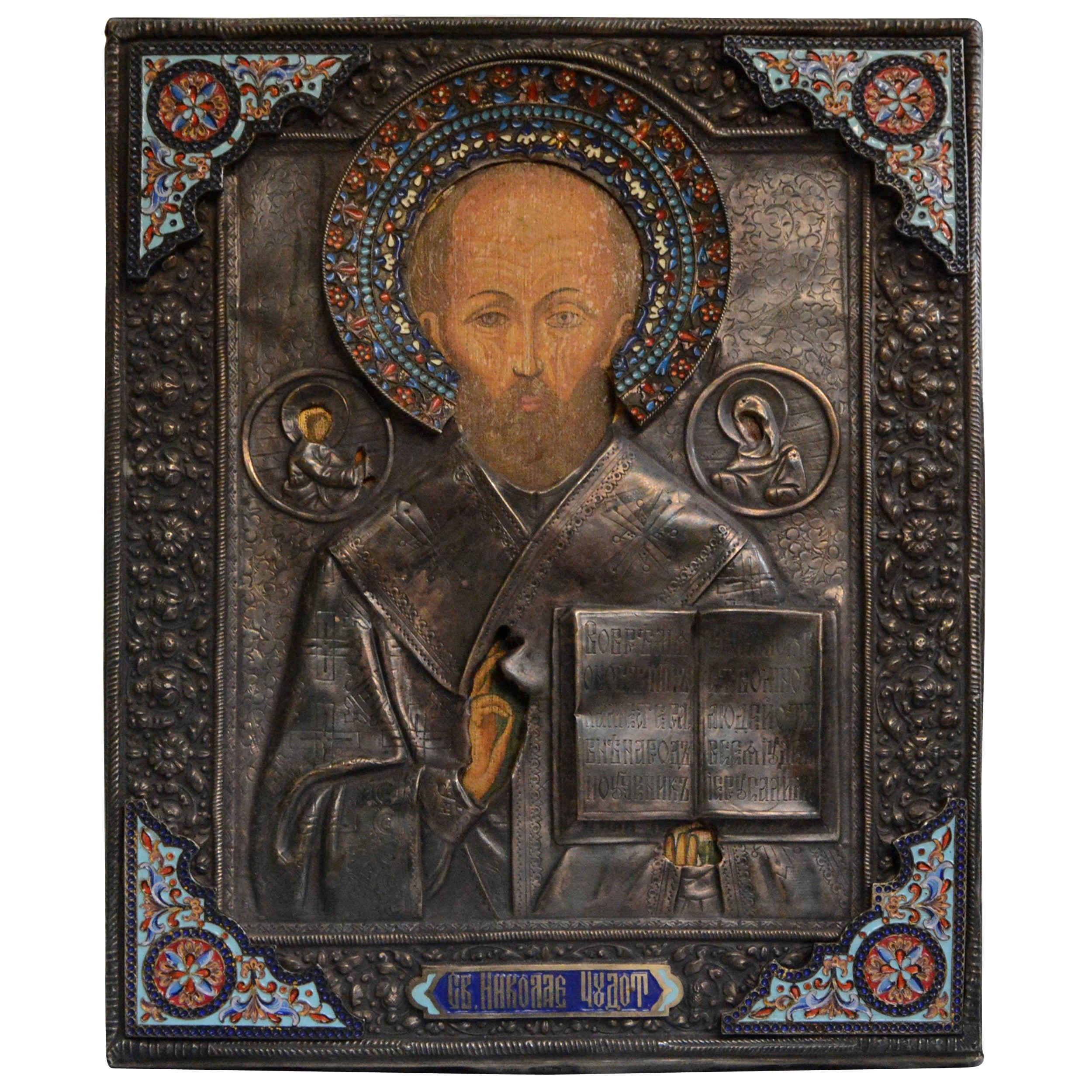 Enameled Russian Sterling Silver Icon For Sale