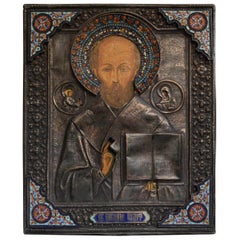 Enameled Russian Sterling Silver Icon