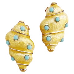 Enameled Seashell Earrings With Turquoise Cabochons By Carolee, 1980s