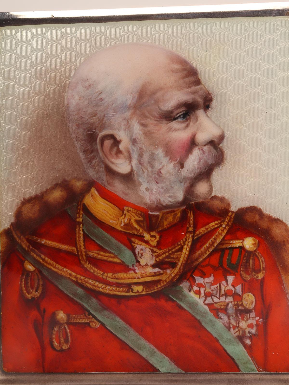 Italian Enameled silver cigarette case with a portrait of Franz Joseph, Italy 1900. For Sale
