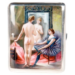 Enameled silver cigarette case with erotic subject, naked woman. Germany 1900.