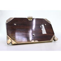 Enameled silver inkwell on wood with reservoir & sphinx-shaped feet