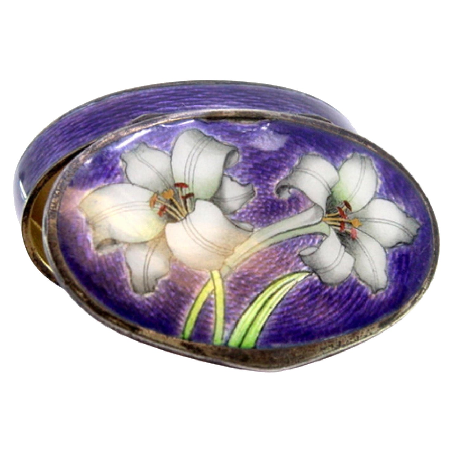 Enameled silver pill box with flowers on the hinged lid