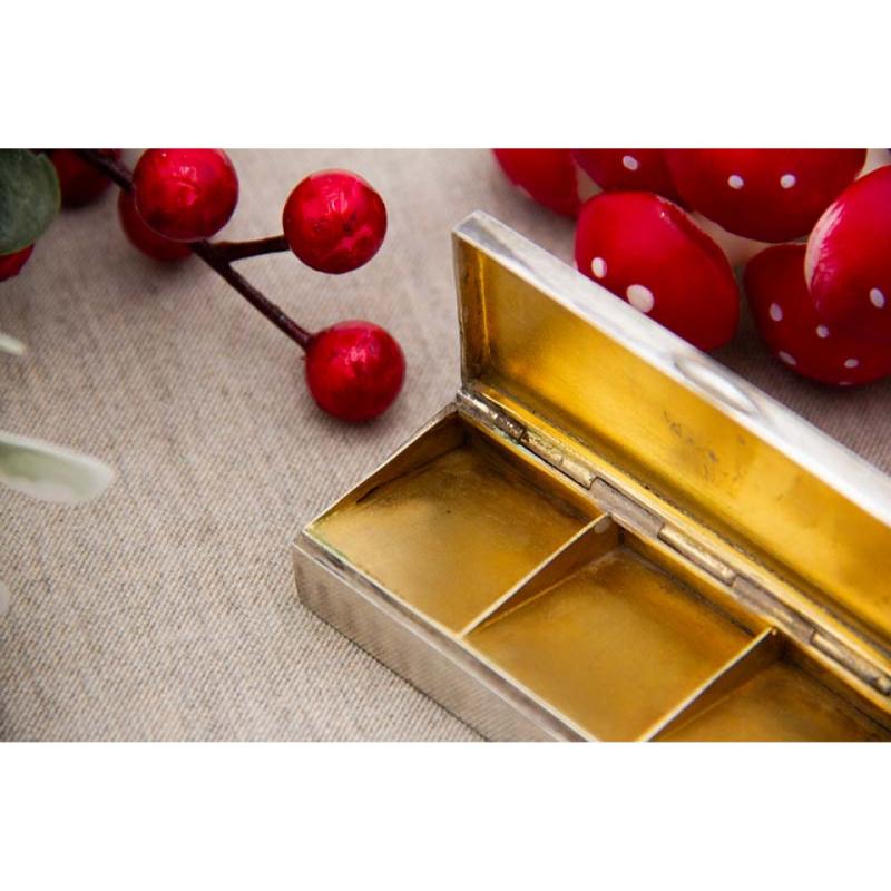 European Enameled silver stamp box, gold interior and hinged lid with lined bottom For Sale