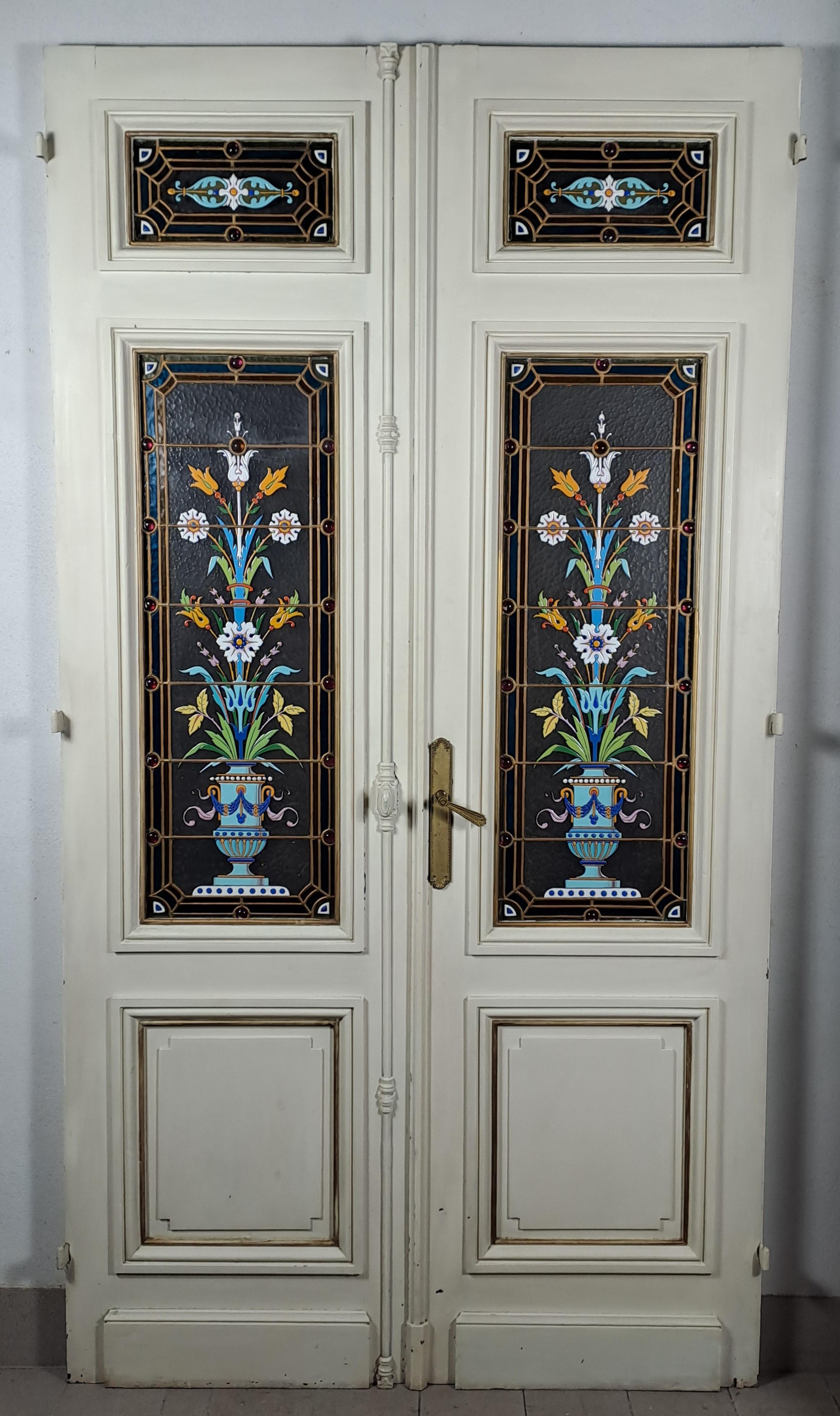 French Enameled Stained Glass Windows Attributed To Amédée De Caranza Mounted On A Doub