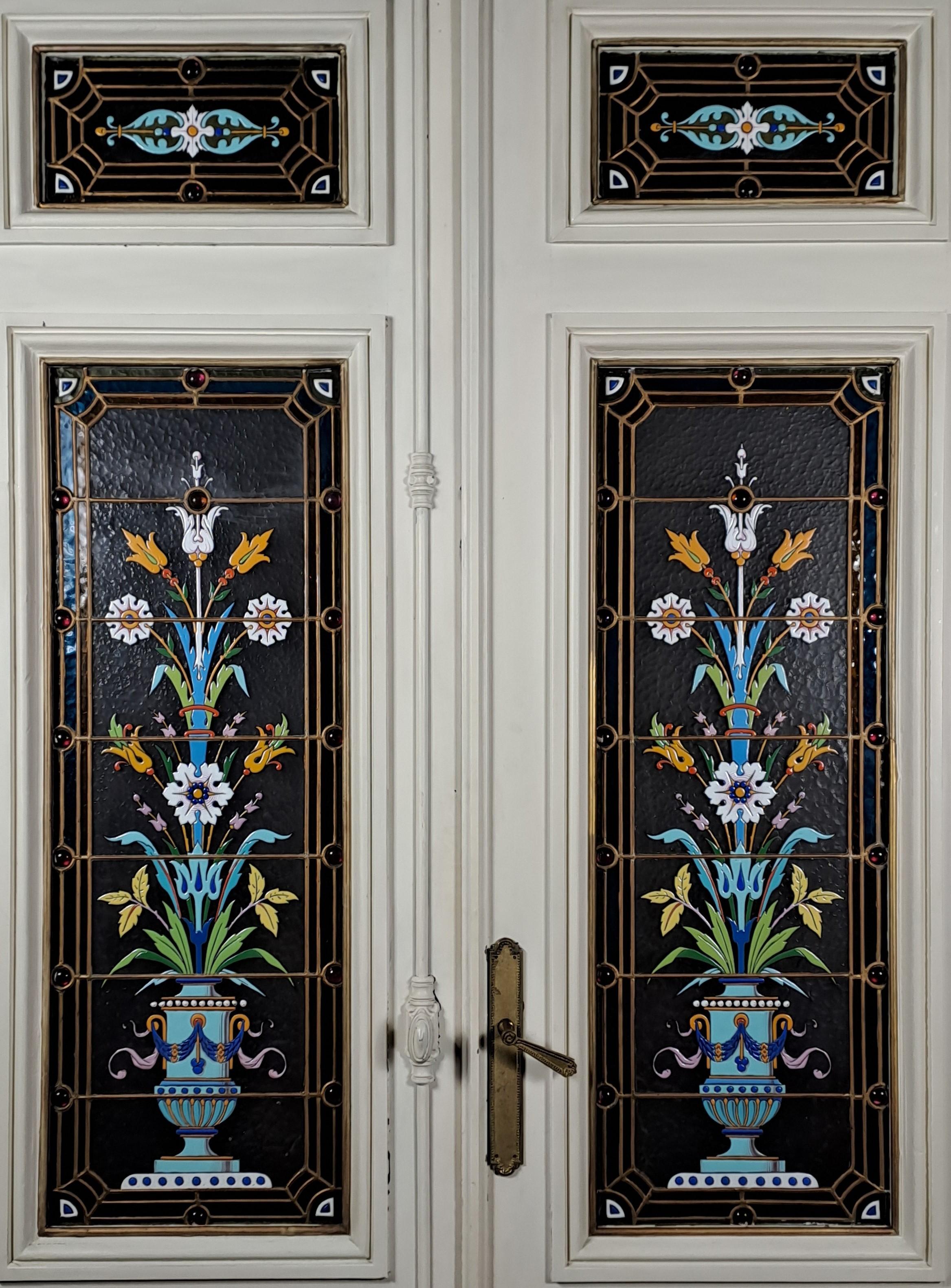 Enameled Stained Glass Windows Attributed To Amédée De Caranza Mounted On A Doub In Good Condition In BARSAC, FR