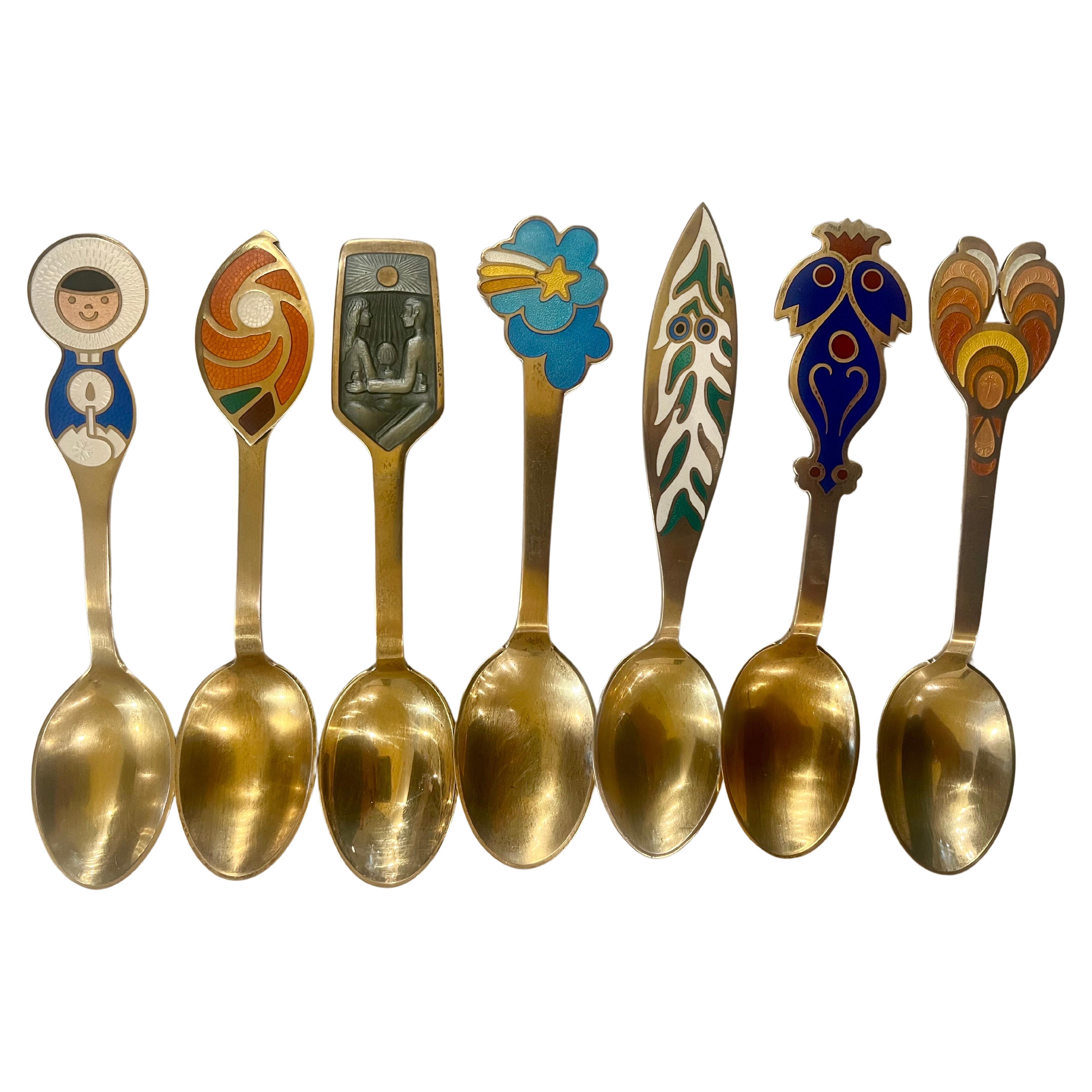 Enameled sterling Silver Collection of 7 Spoons By Bjorn Wiinblad Danish Modern In Excellent Condition For Sale In San Diego, CA